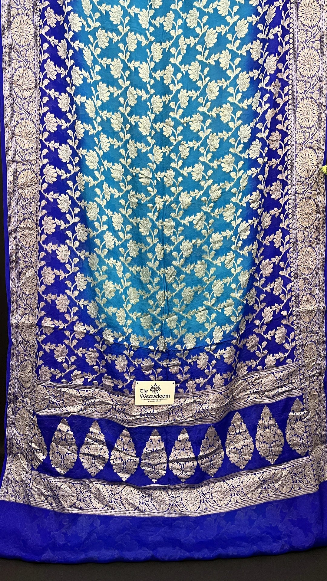 Firozi Royal Blue Dual Tone Pure Crepe Georgette Banarasi Saree with Golden Zari Floral Jaal – The Weaveloom