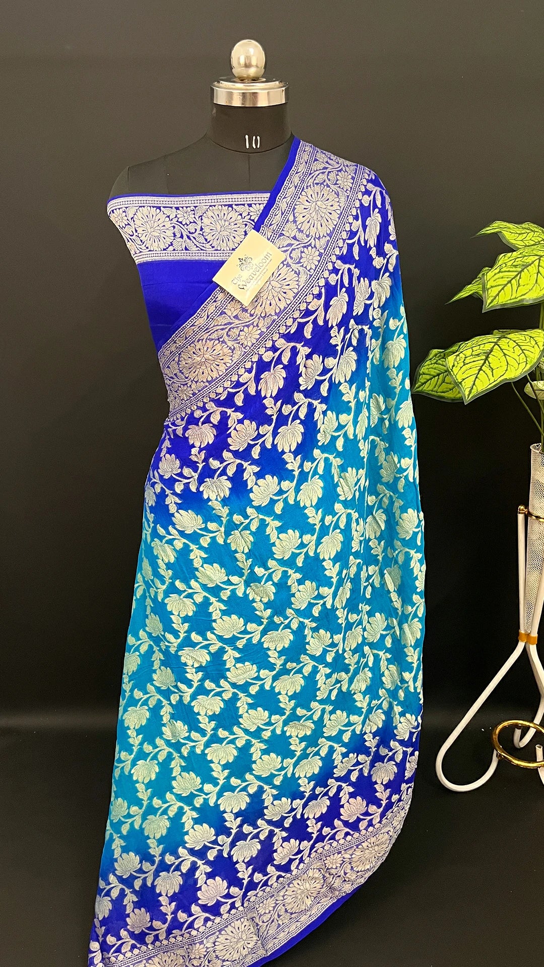 Firozi Royal Blue Dual Tone Pure Crepe Georgette Banarasi Saree with Golden Zari Floral Jaal – The Weaveloom