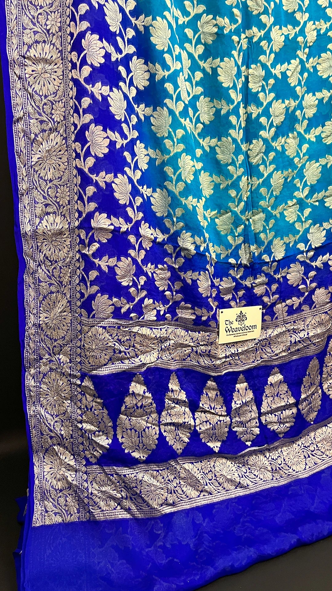 Firozi Royal Blue Dual Tone Pure Crepe Georgette Banarasi Saree with Golden Zari Floral Jaal – The Weaveloom