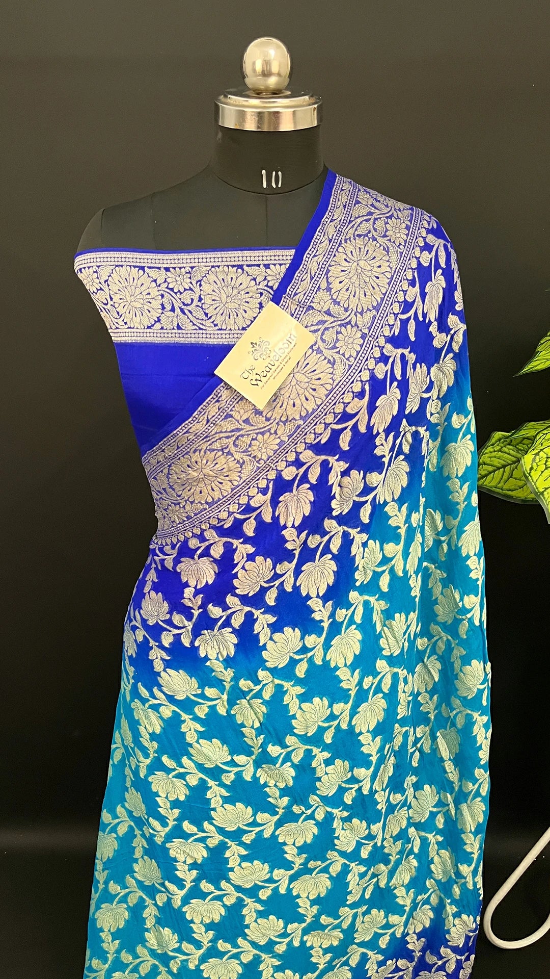 Firozi Royal Blue Dual Tone Pure Crepe Georgette Banarasi Saree with Golden Zari Floral Jaal – The Weaveloom