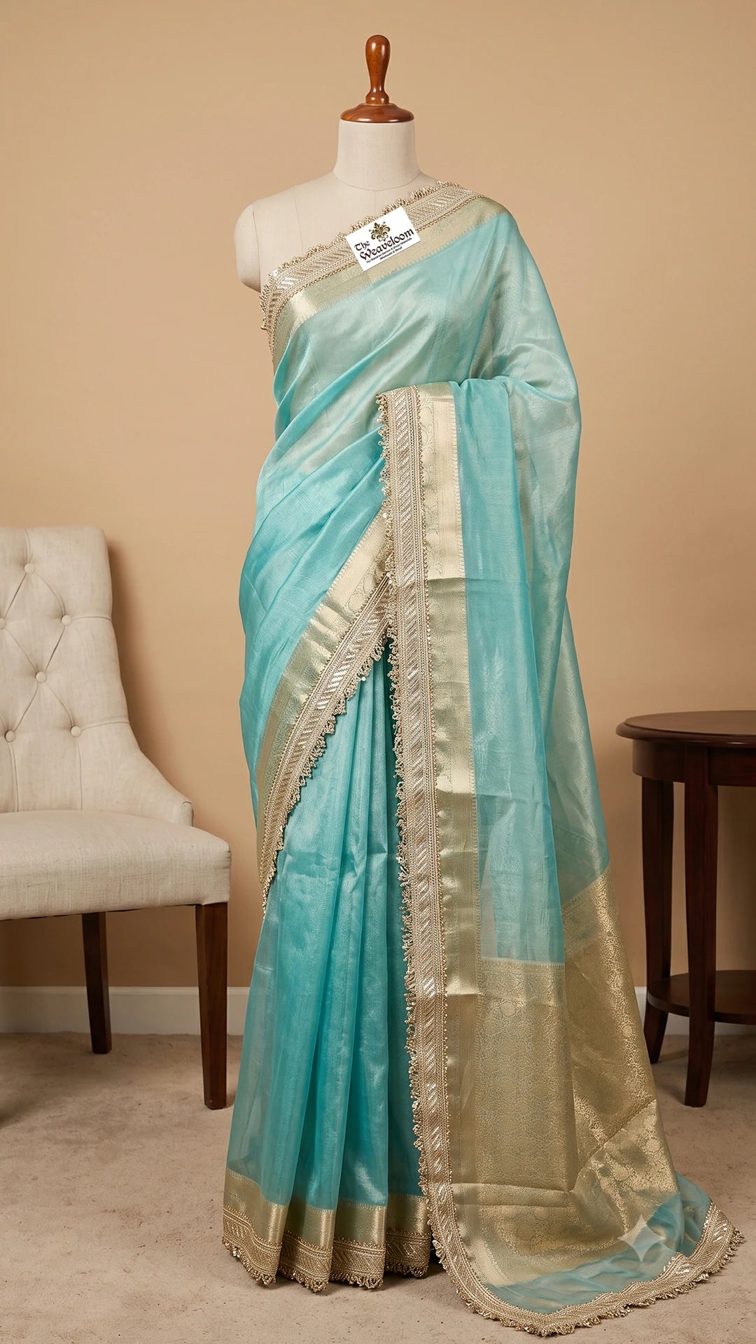 Firozi Tissue Silk Pure Banarasi Saree with Sequin Lace Border by The Weaveloom