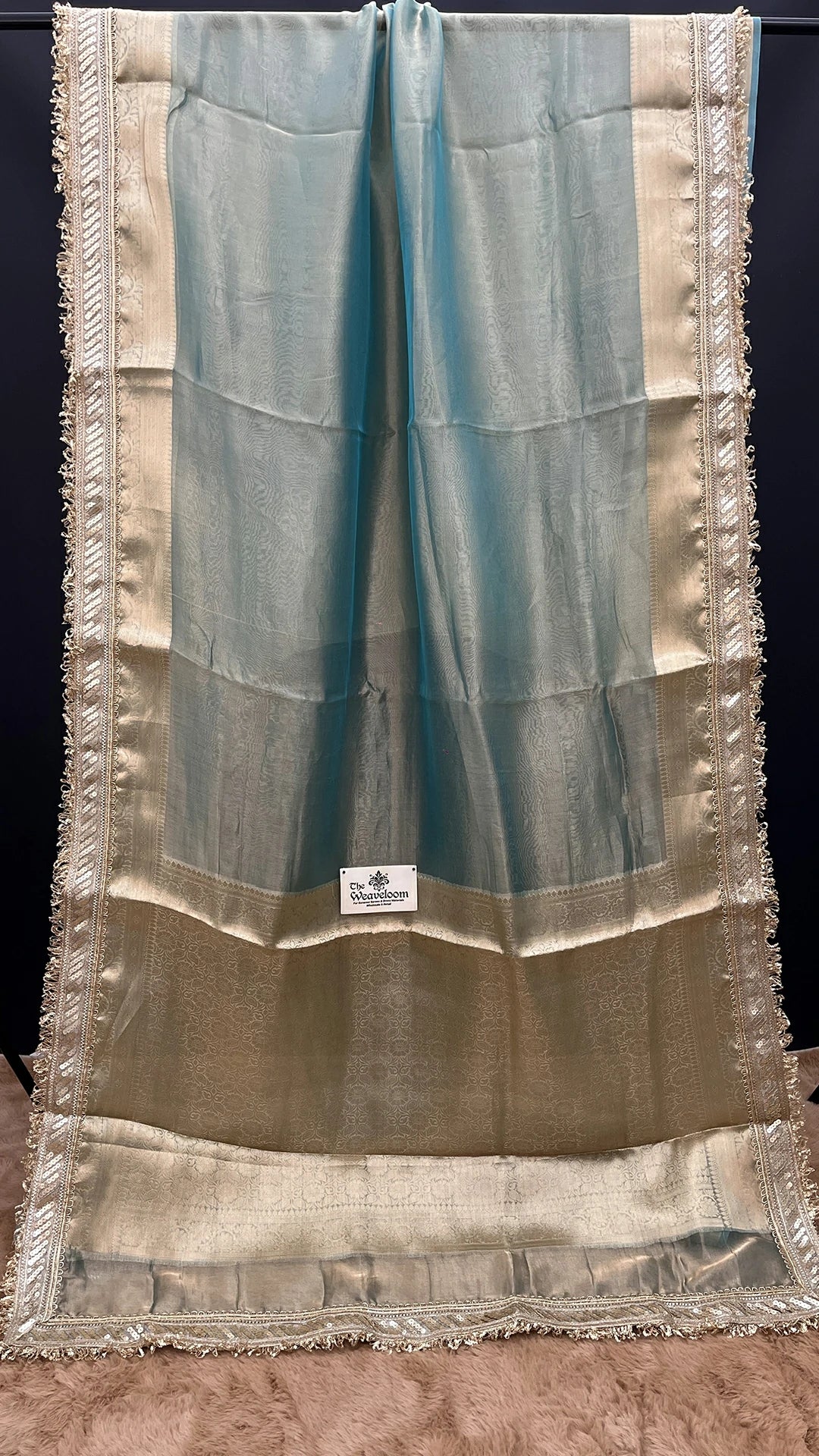 Firozi Tissue Silk Pure Banarasi Saree with Sequin Lace Border by The Weaveloom