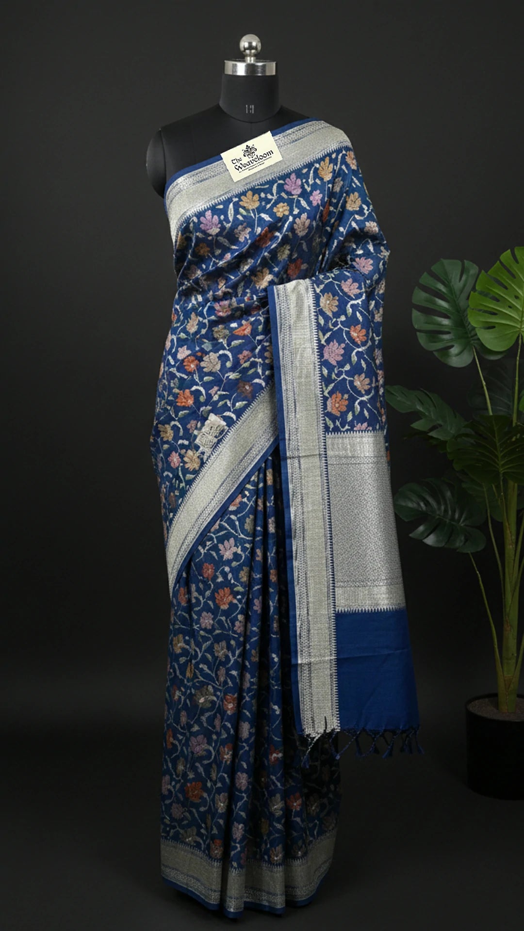 German Blue Floral Jaal Pure Munga Silk Banarasi Saree with Meenakari and Silver Zari Border by The Weaveloom