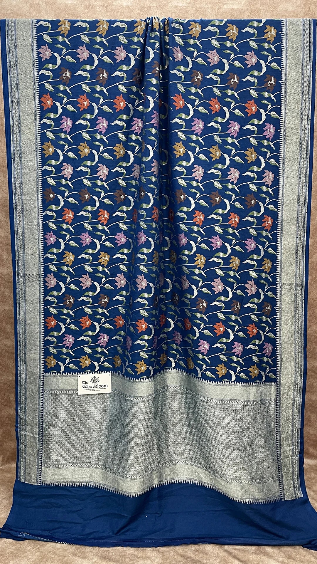 German Blue Floral Jaal Pure Munga Silk Banarasi Saree with Meenakari and Silver Zari Border by The Weaveloom
