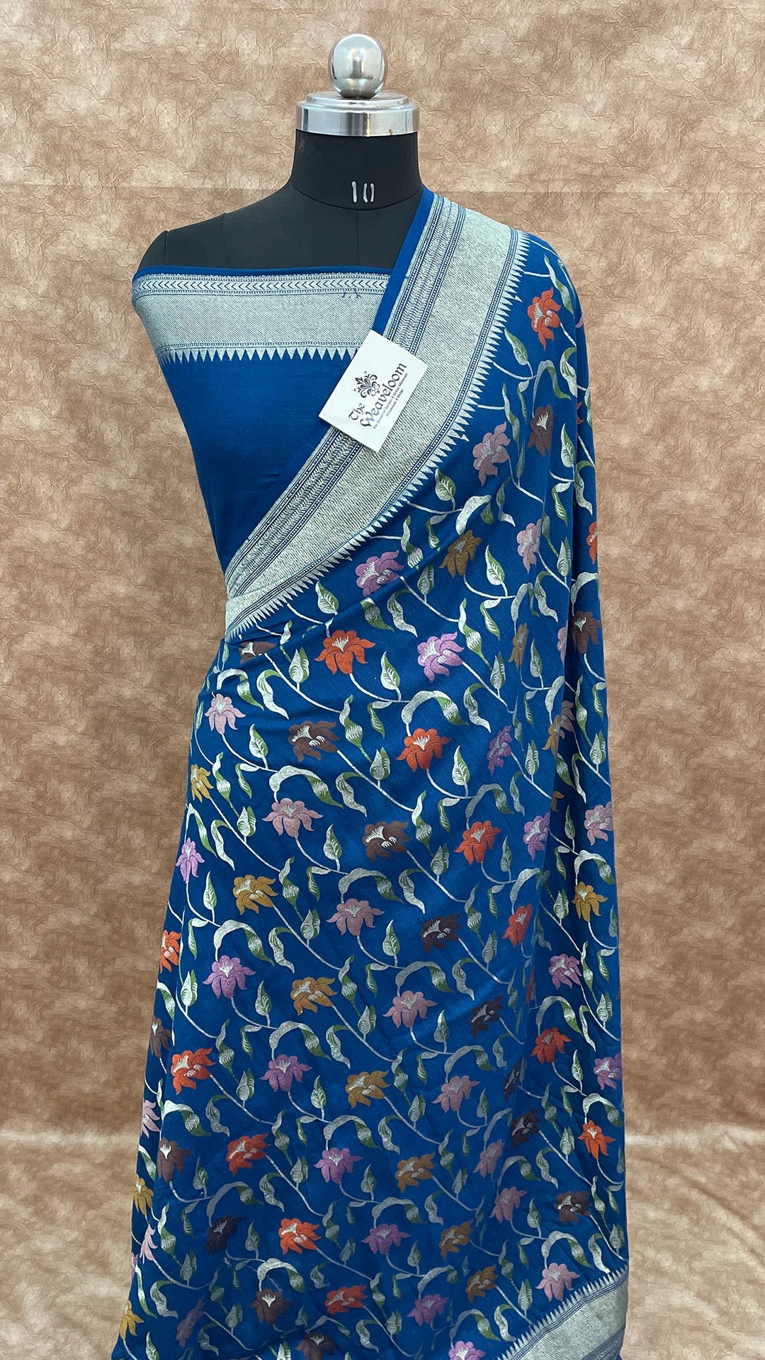 German Blue Floral Jaal Pure Munga Silk Banarasi Saree with Meenakari and Silver Zari Border by The Weaveloom