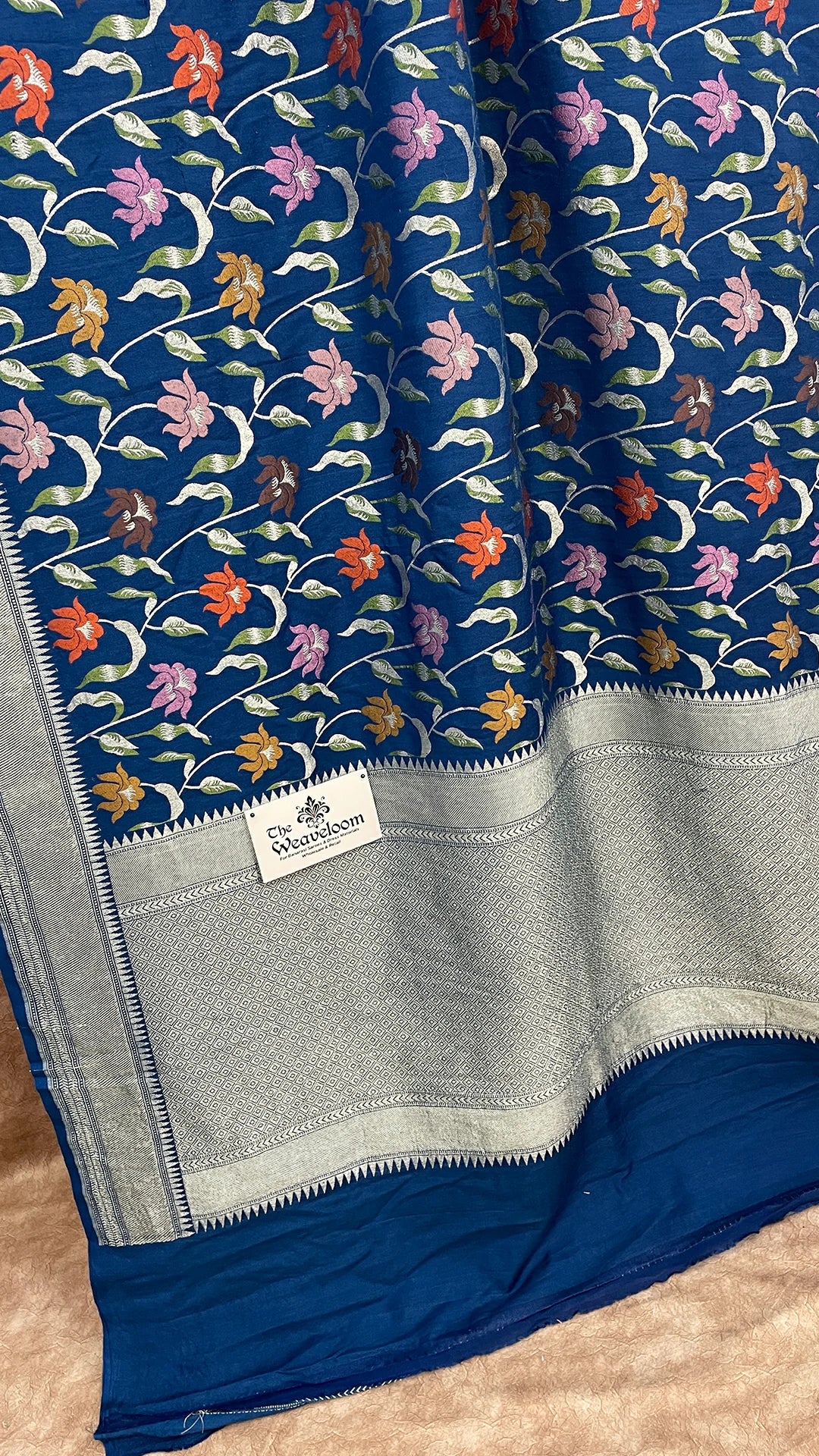 German Blue Floral Jaal Pure Munga Silk Banarasi Saree with Meenakari and Silver Zari Border by The Weaveloom