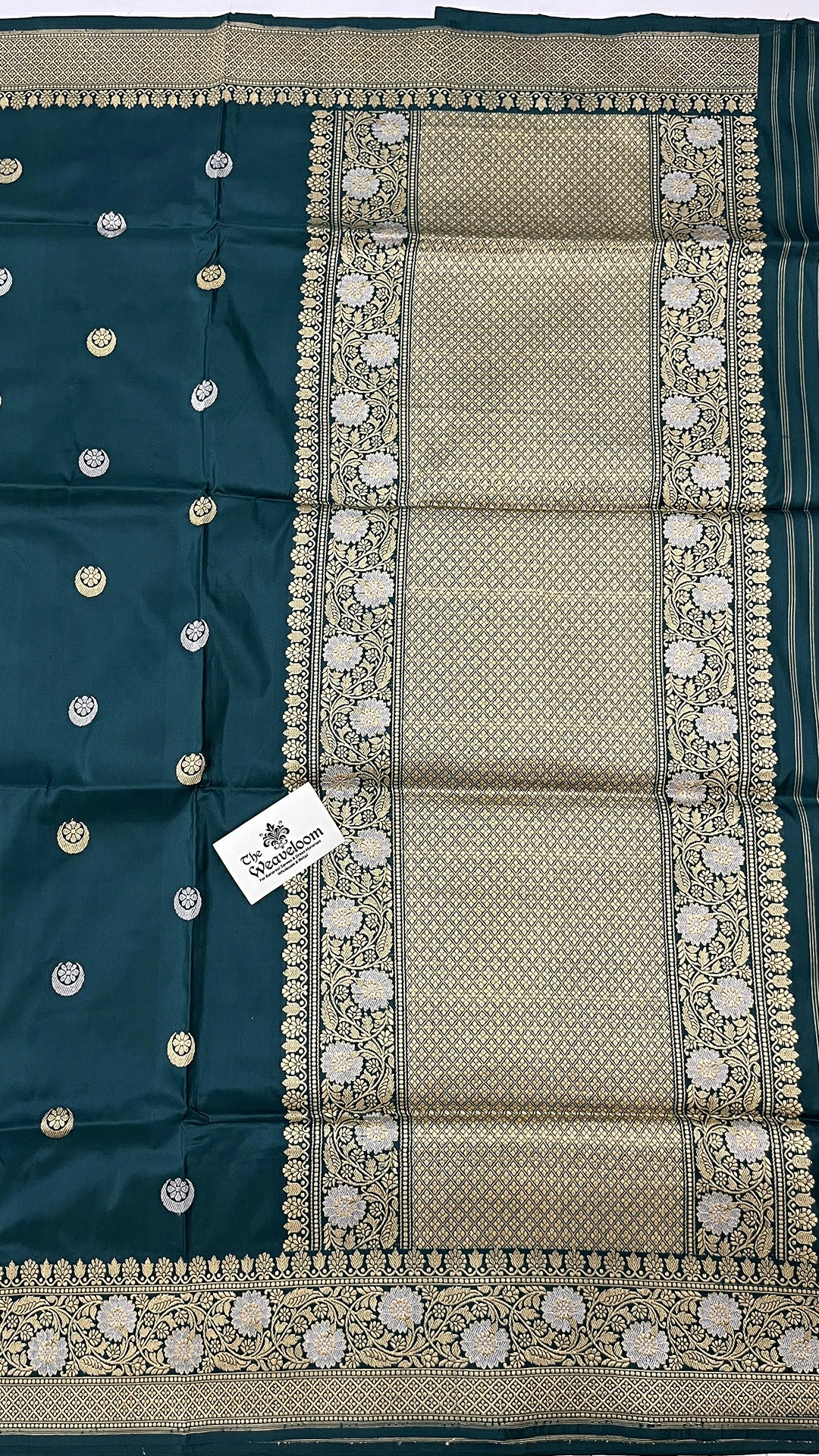 German Blue Pure Katan Silk Sona Rupa Handloom Banarasi Saree Chand Tara Pattern by The Weaveloom