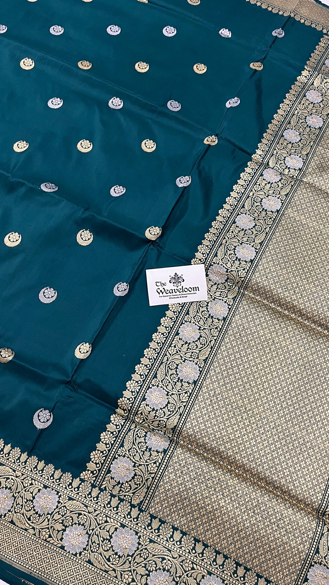 German Blue Pure Katan Silk Sona Rupa Handloom Banarasi Saree Chand Tara Pattern by The Weaveloom