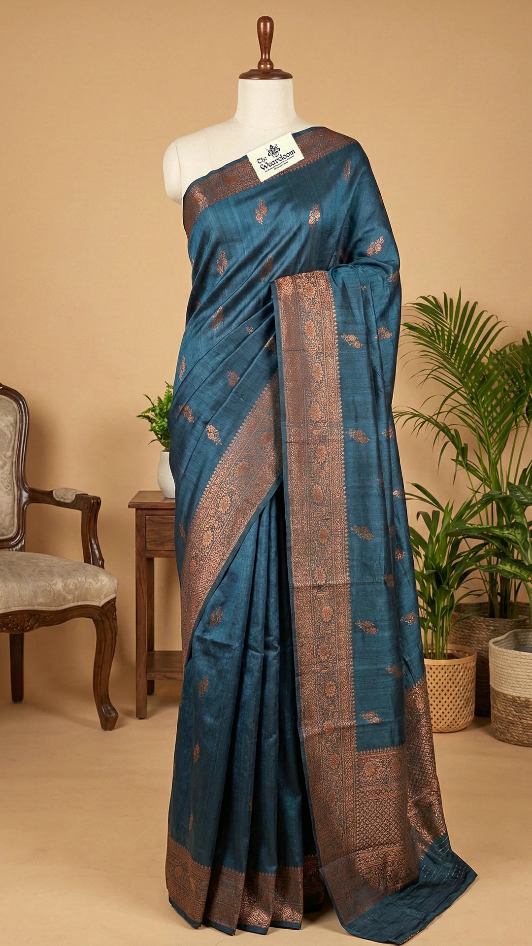 German Blue Pure Raw Silk Handloom Banarasi Saree with Antique Zari Floral Border by The Weaveloom