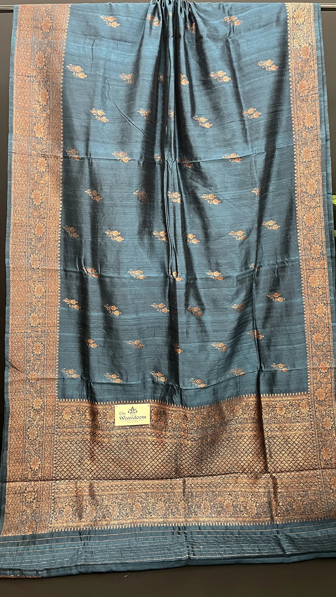 German Blue Pure Raw Silk Handloom Banarasi Saree with Antique Zari Floral Border by The Weaveloom