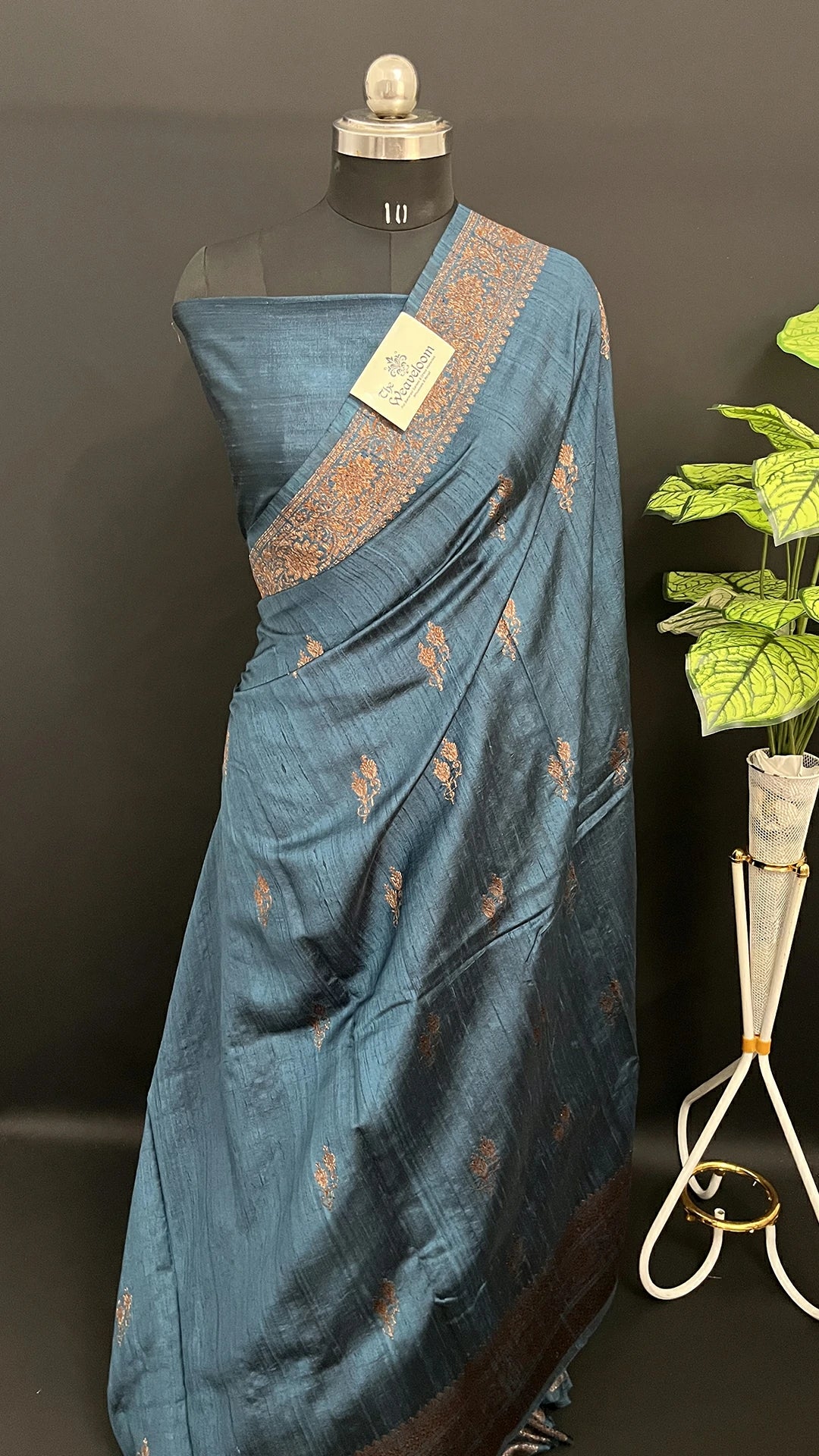 German Blue Pure Raw Silk Handloom Banarasi Saree with Antique Zari Floral Border by The Weaveloom
