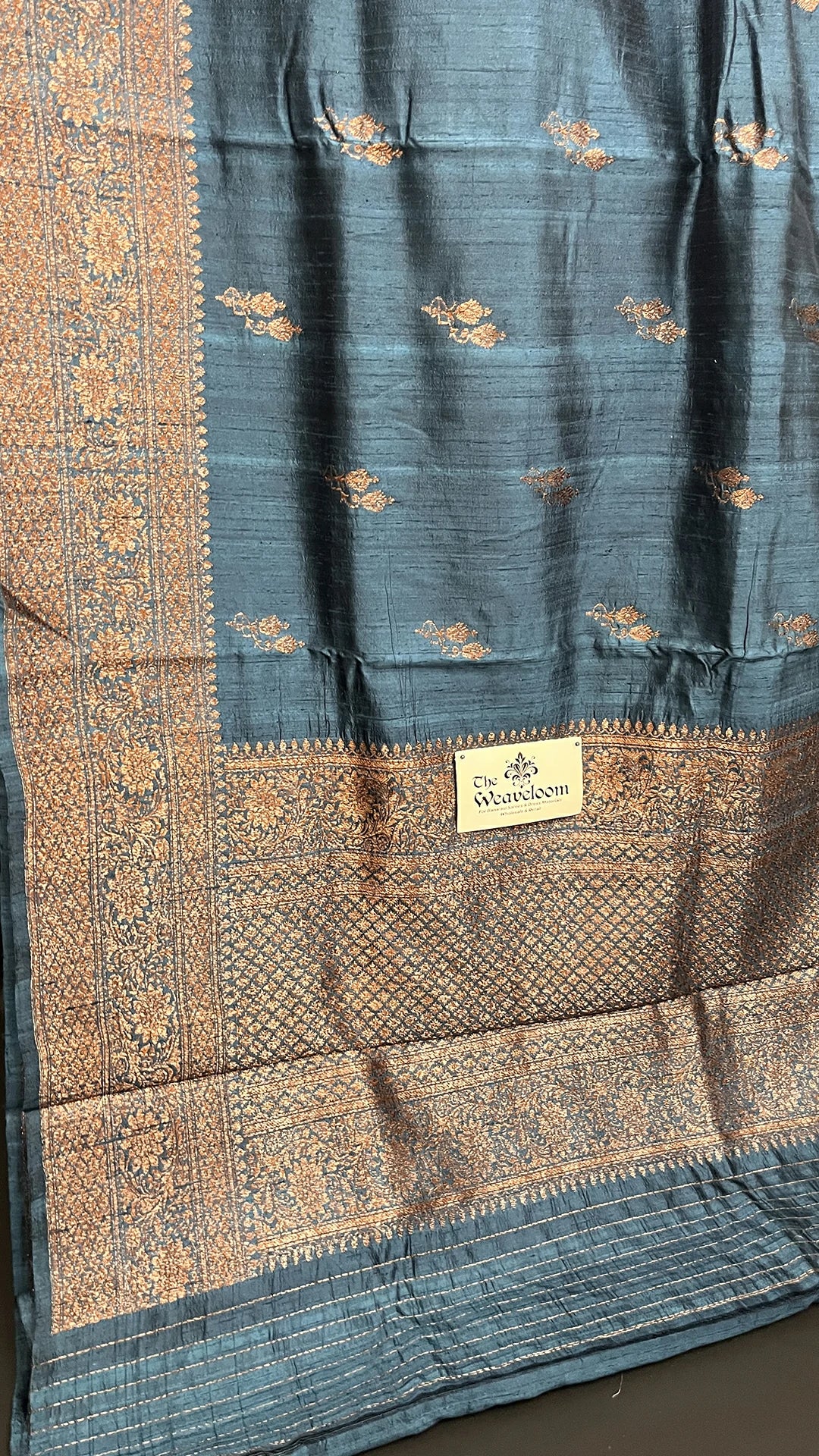 German Blue Pure Raw Silk Handloom Banarasi Saree with Antique Zari Floral Border by The Weaveloom