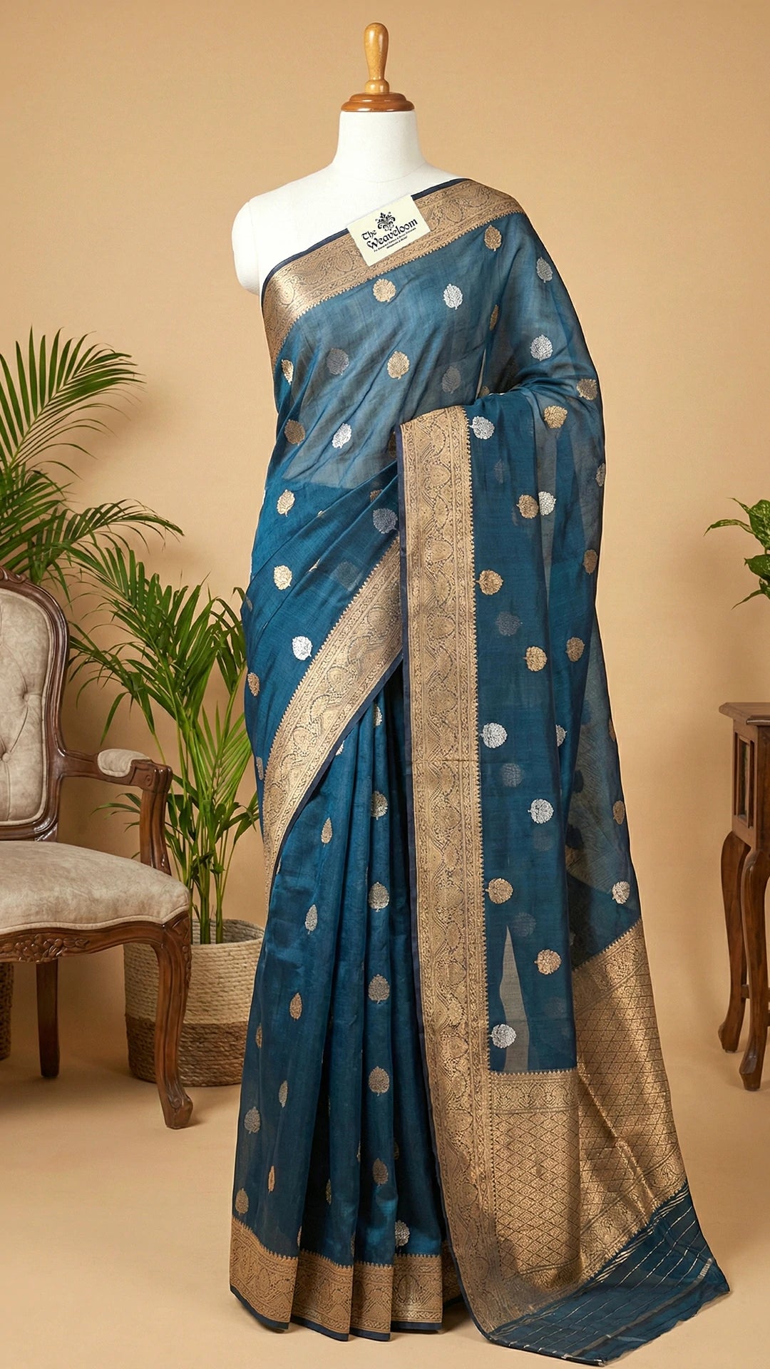 German Blue Tissue Silk Banarasi Saree With Sona Rupa Buti Motifs Golden Zari Border The Weaveloom