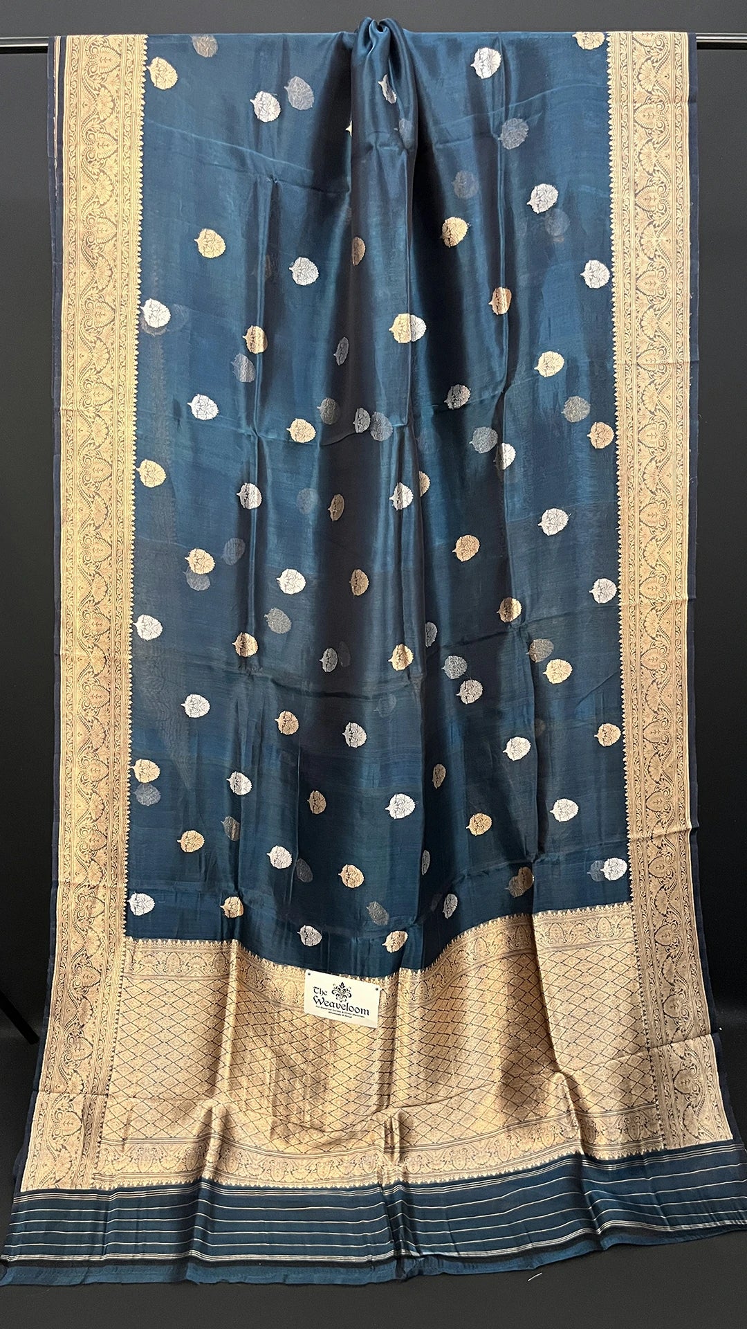 German Blue Tissue Silk Banarasi Saree With Sona Rupa Buti Motifs Golden Zari Border The Weaveloom