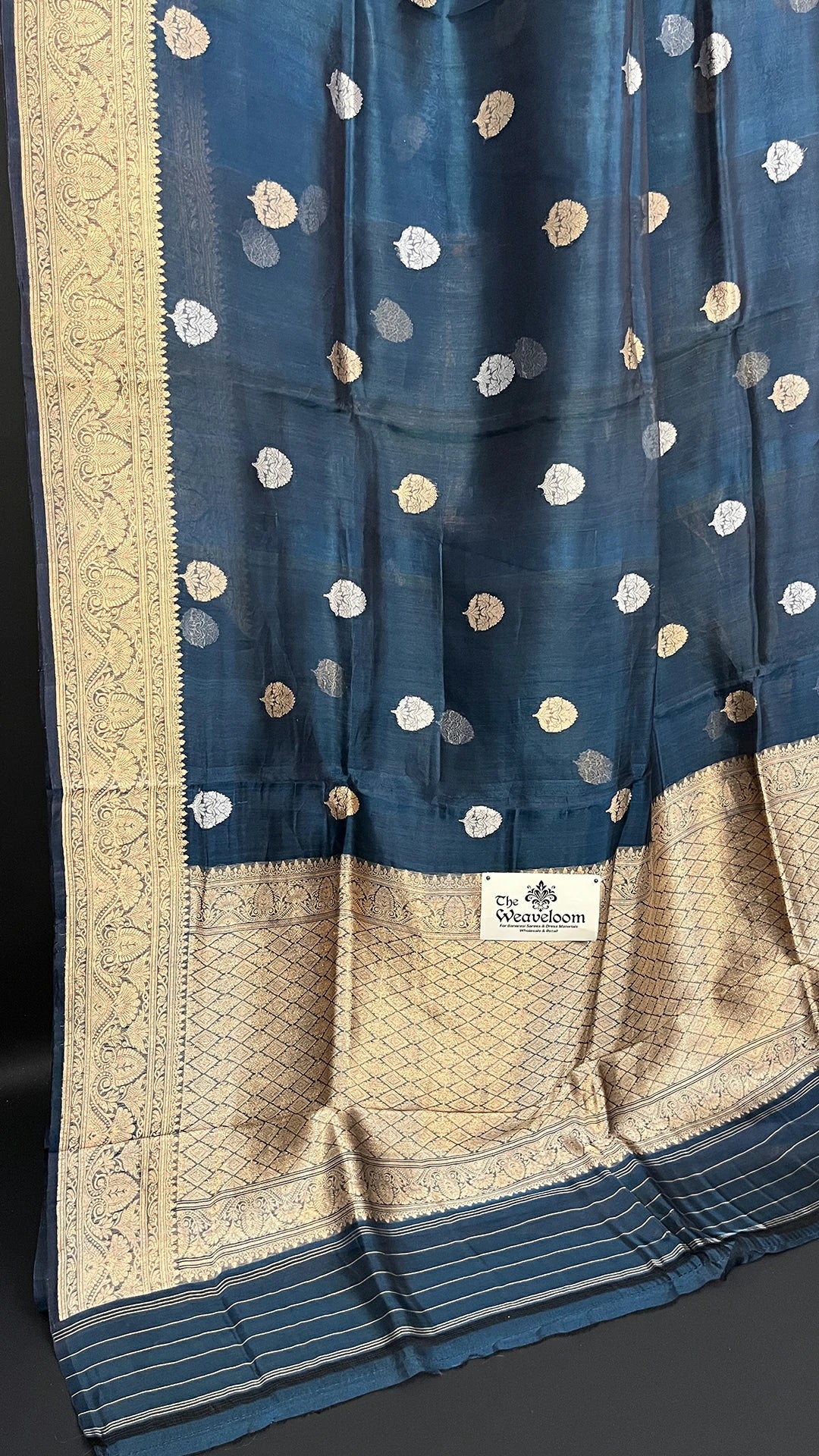 German Blue Tissue Silk Banarasi Saree With Sona Rupa Buti Motifs Golden Zari Border The Weaveloom