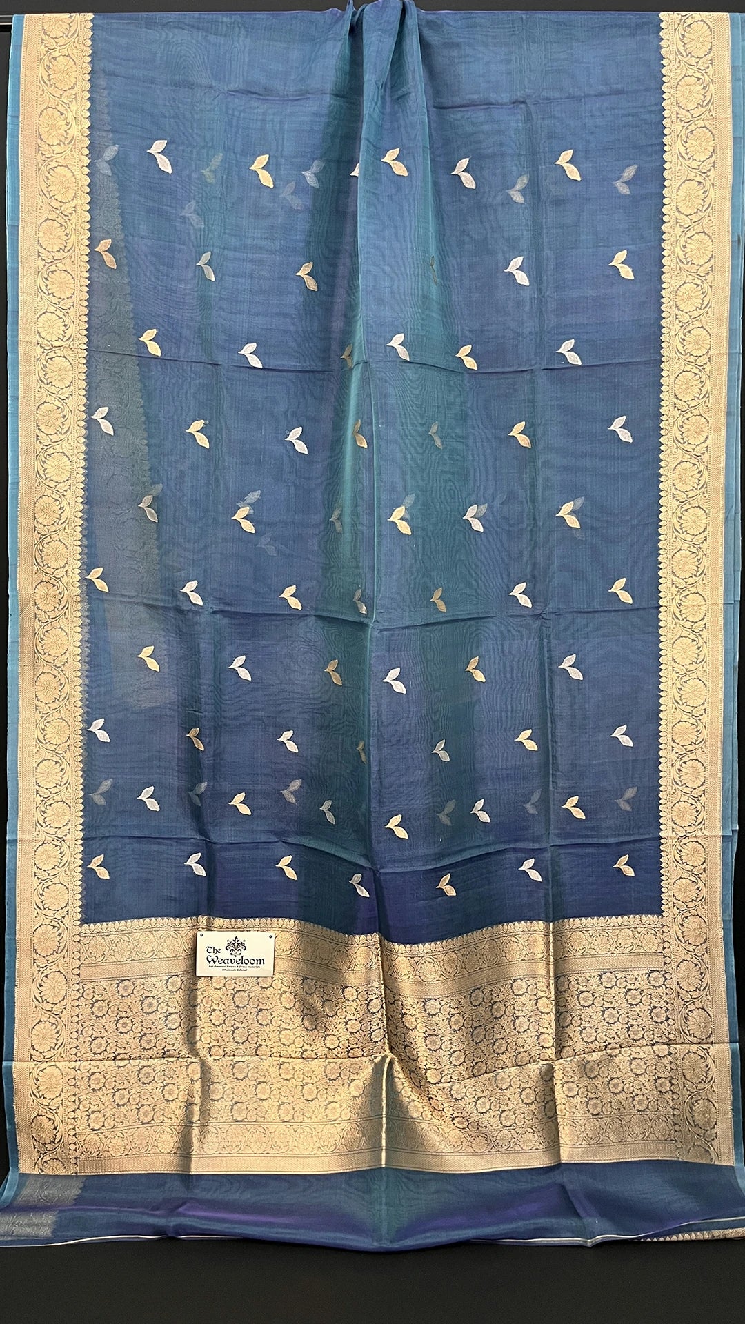 German Blue Tissue Silk Pure Handloom Banarasi Saree with Sona Rupa Motifs and Golden Zari Border by The Weaveloom
