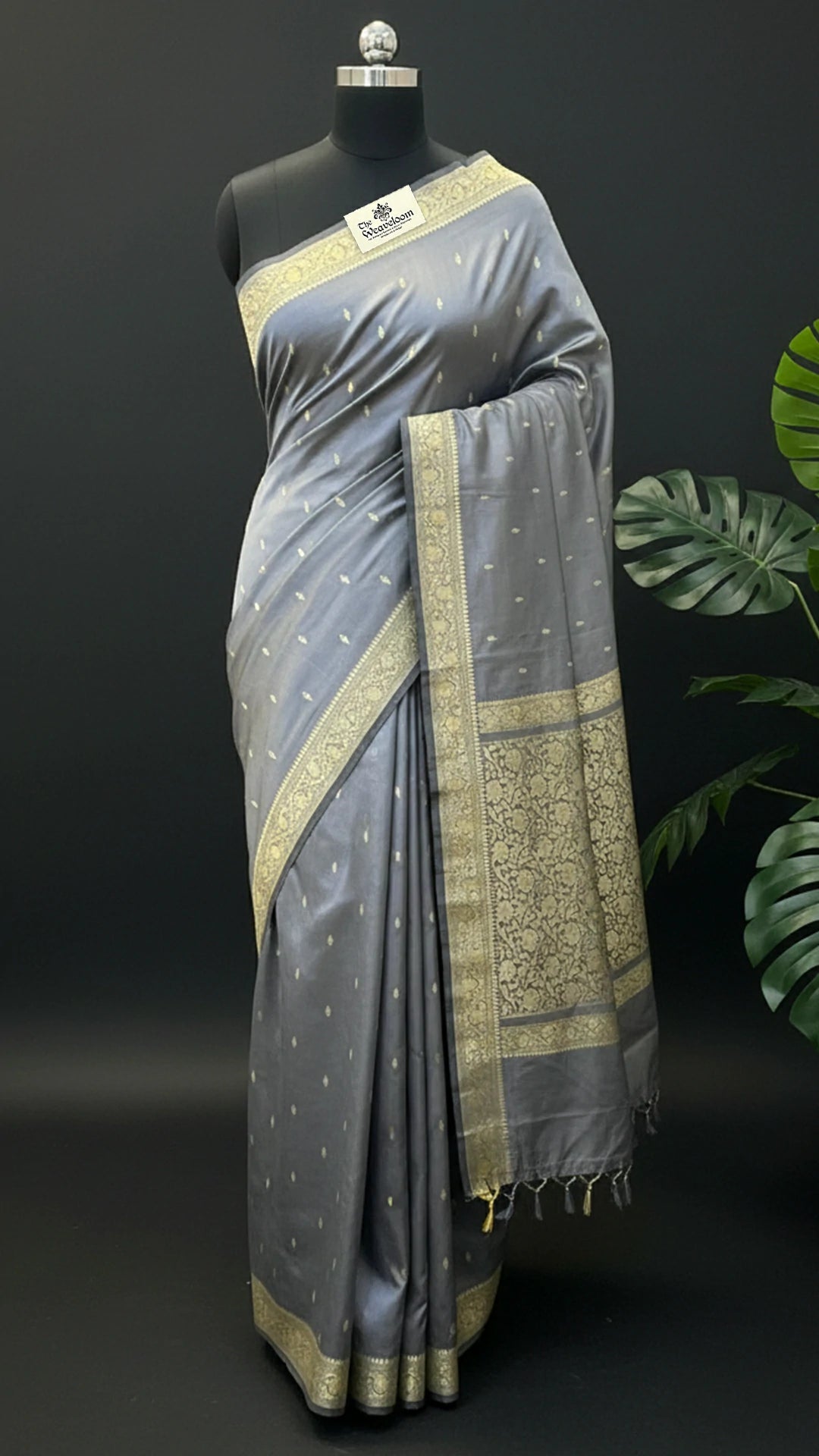 Glossy Grey Pure Katan Silk Handloom Banarasi Saree with Zari Buta and Floral Pallu by The Weaveloom