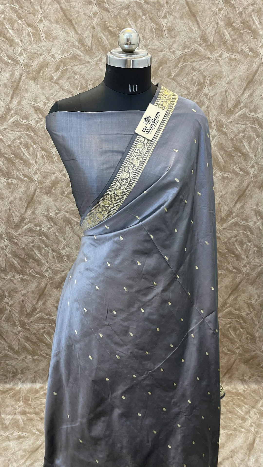 Glossy Grey Pure Katan Silk Handloom Banarasi Saree with Zari Buta and Floral Pallu by The Weaveloom