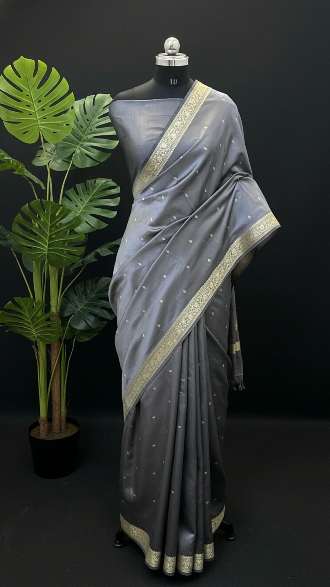 Glossy Grey Pure Katan Silk Handloom Banarasi Saree with Zari Buta and Floral Pallu by The Weaveloom