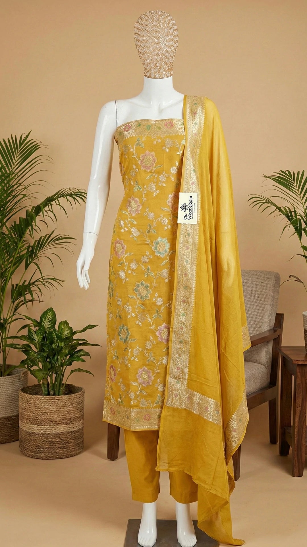 Gold Khaddi Georgette Pure Banarasi Dress Material With Dupatta Handbrush Zari Work by The Weaveloom