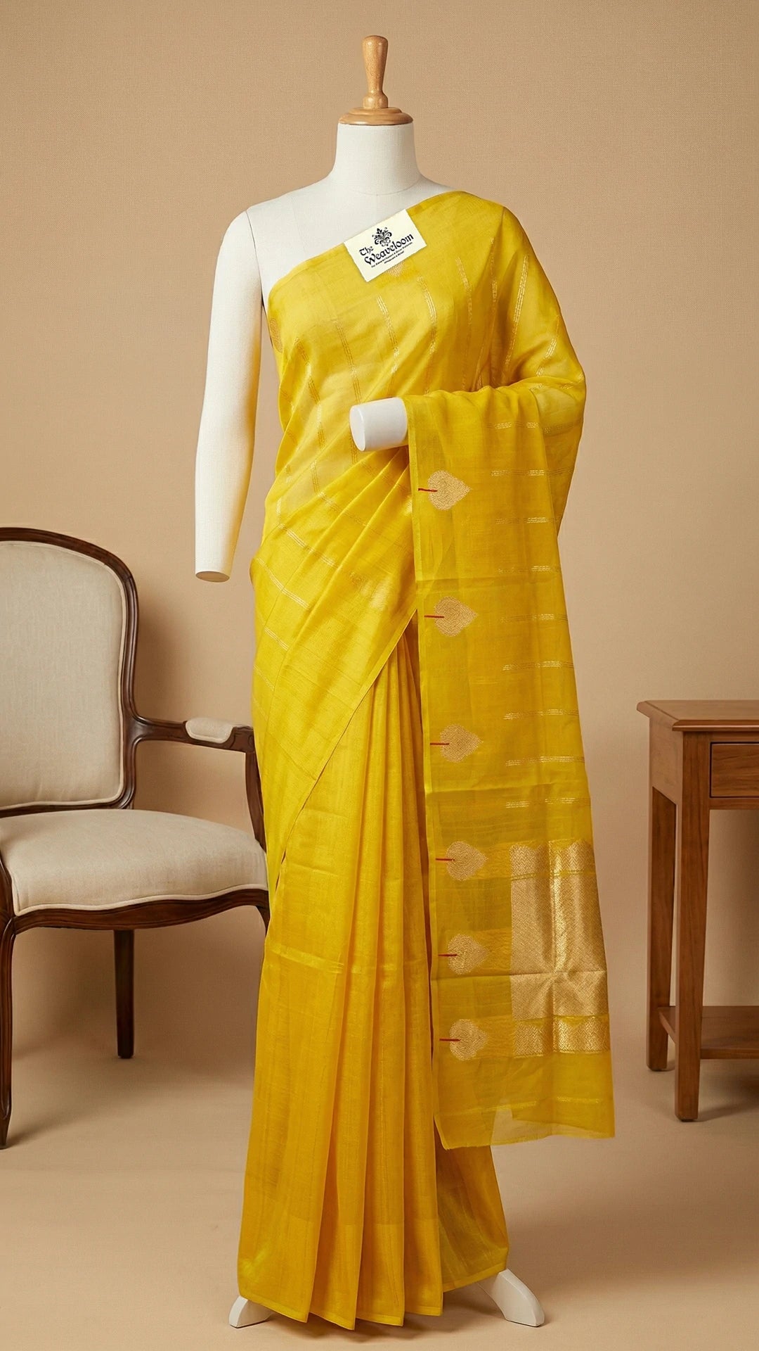 Gold Kora Silk Pure Handloom Banarasi Saree with Sona Rupa Zari Stripes Rich Pallu by The Weaveloom