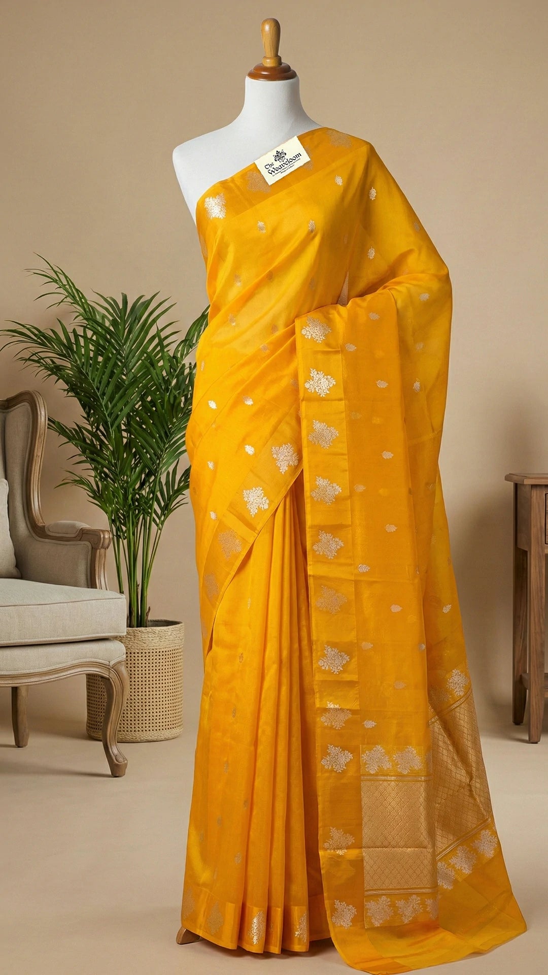 Gold Kora Silk Pure Banarasi Saree with Sona Rupa Zari and Striped Blouse by The Weaveloom