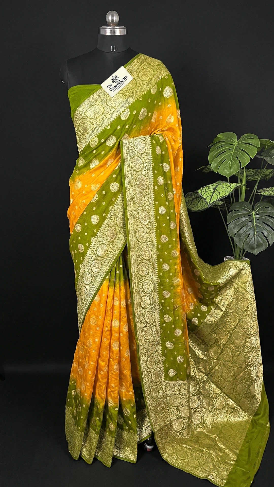Gold & Mehendi Dual Tone Pure Crepe Georgette Banarasi Saree with Golden Zari Buta and Rich Border by The Weaveloom-