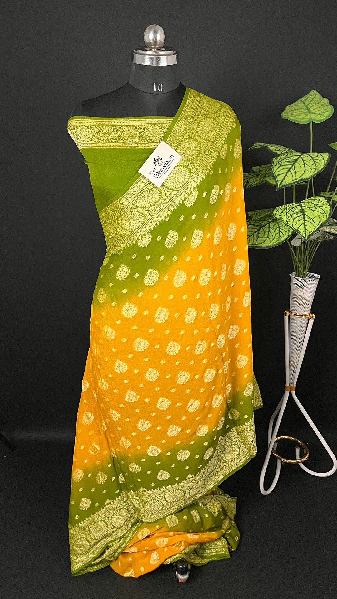 Gold & Mehendi Dual Tone Pure Crepe Georgette Banarasi Saree with Golden Zari Buta and Rich Border by The Weaveloom-