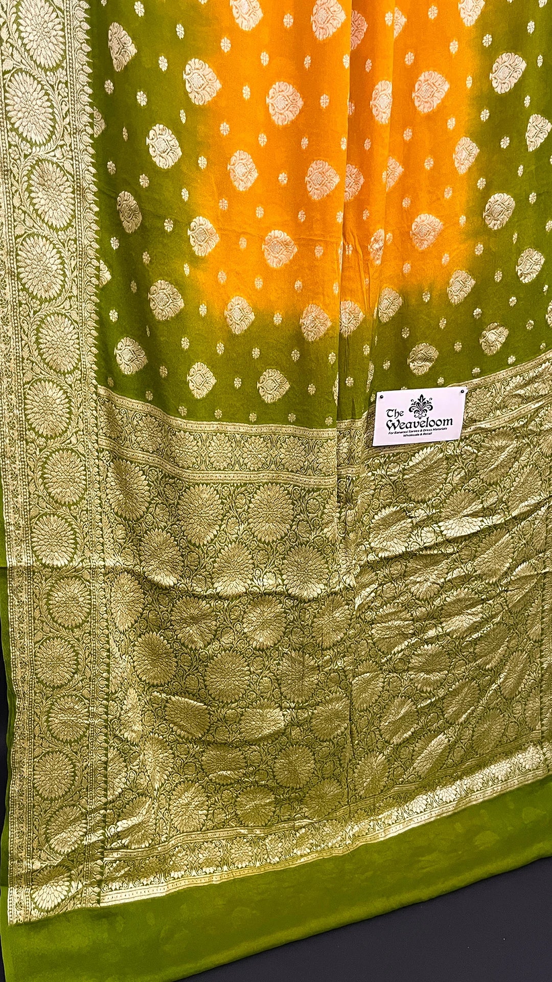 Gold & Mehendi Dual Tone Pure Crepe Georgette Banarasi Saree with Golden Zari Buta and Rich Border by The Weaveloom-