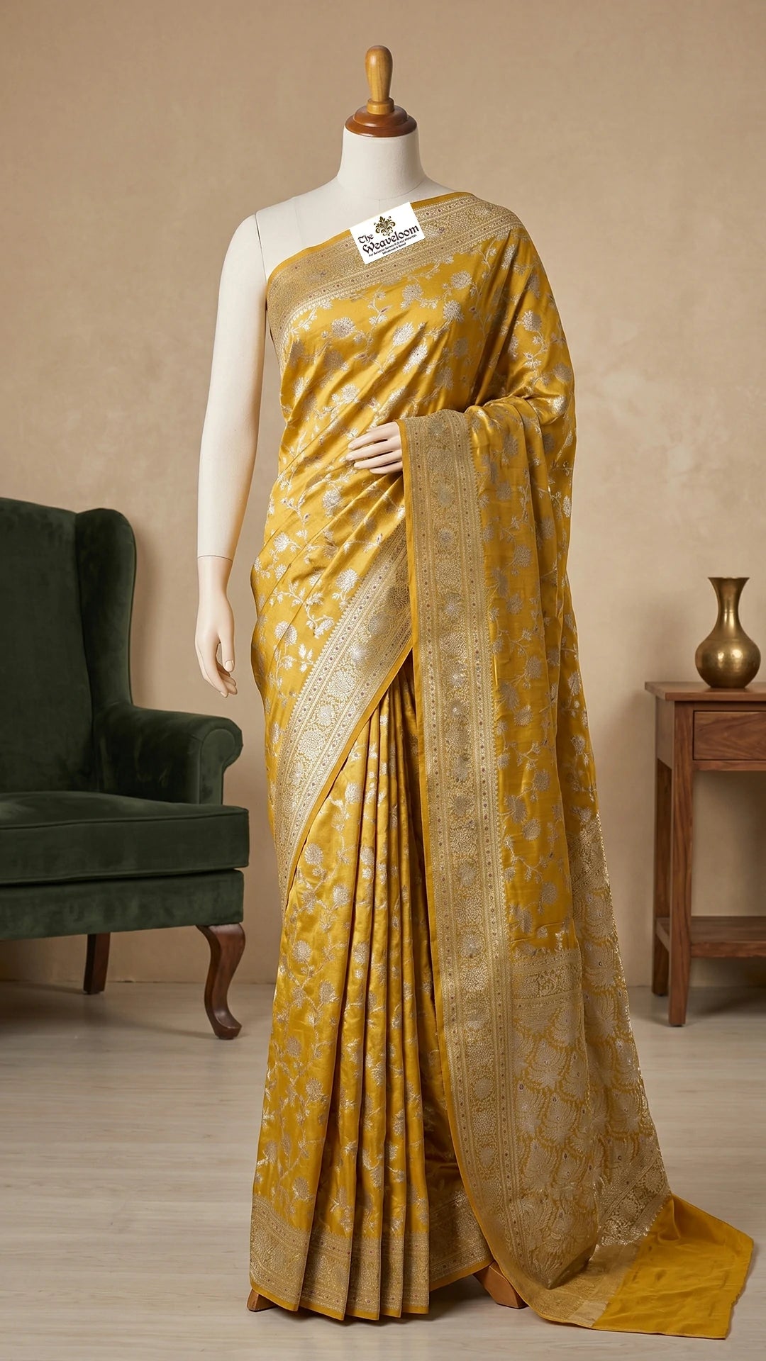 Gold Mustard Pure Dupion Silk Banarasi Saree with Allover Floral Jaal & Ivory Pallu by The Weaveloom