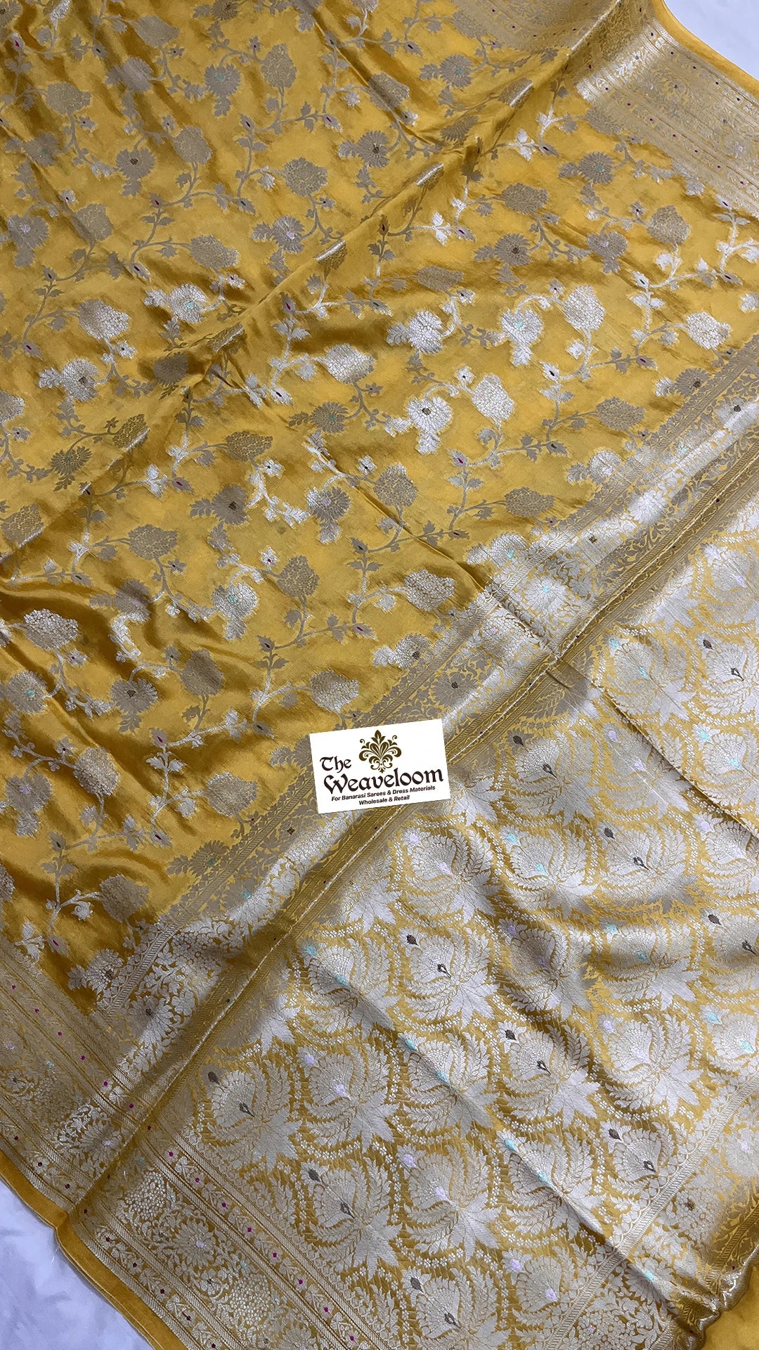 Gold Mustard Pure Dupion Silk Banarasi Saree with Allover Floral Jaal & Ivory Pallu by The Weaveloom