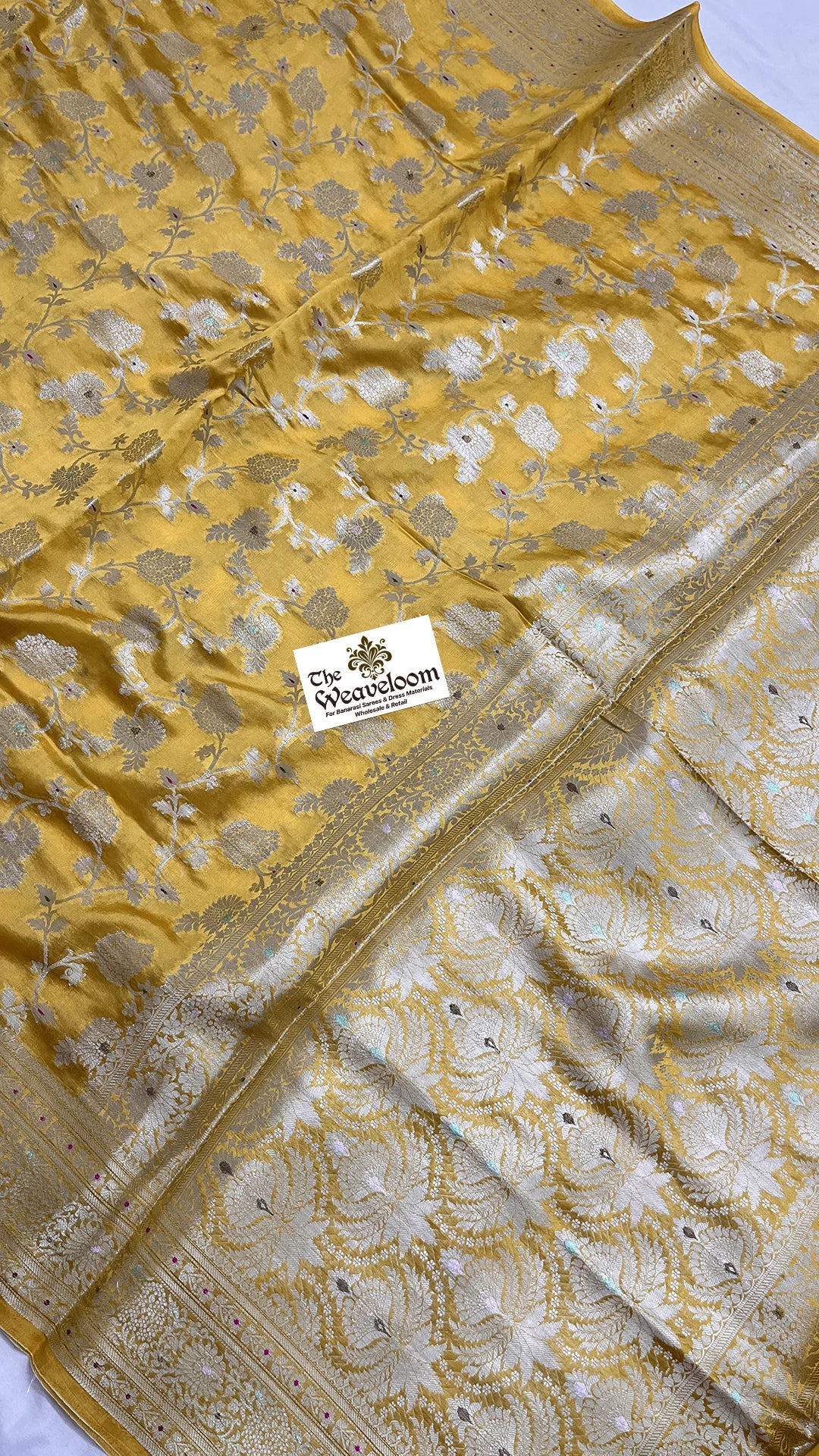 Gold Mustard Pure Dupion Silk Banarasi Saree with Allover Floral Jaal & Ivory Contrast Pallu