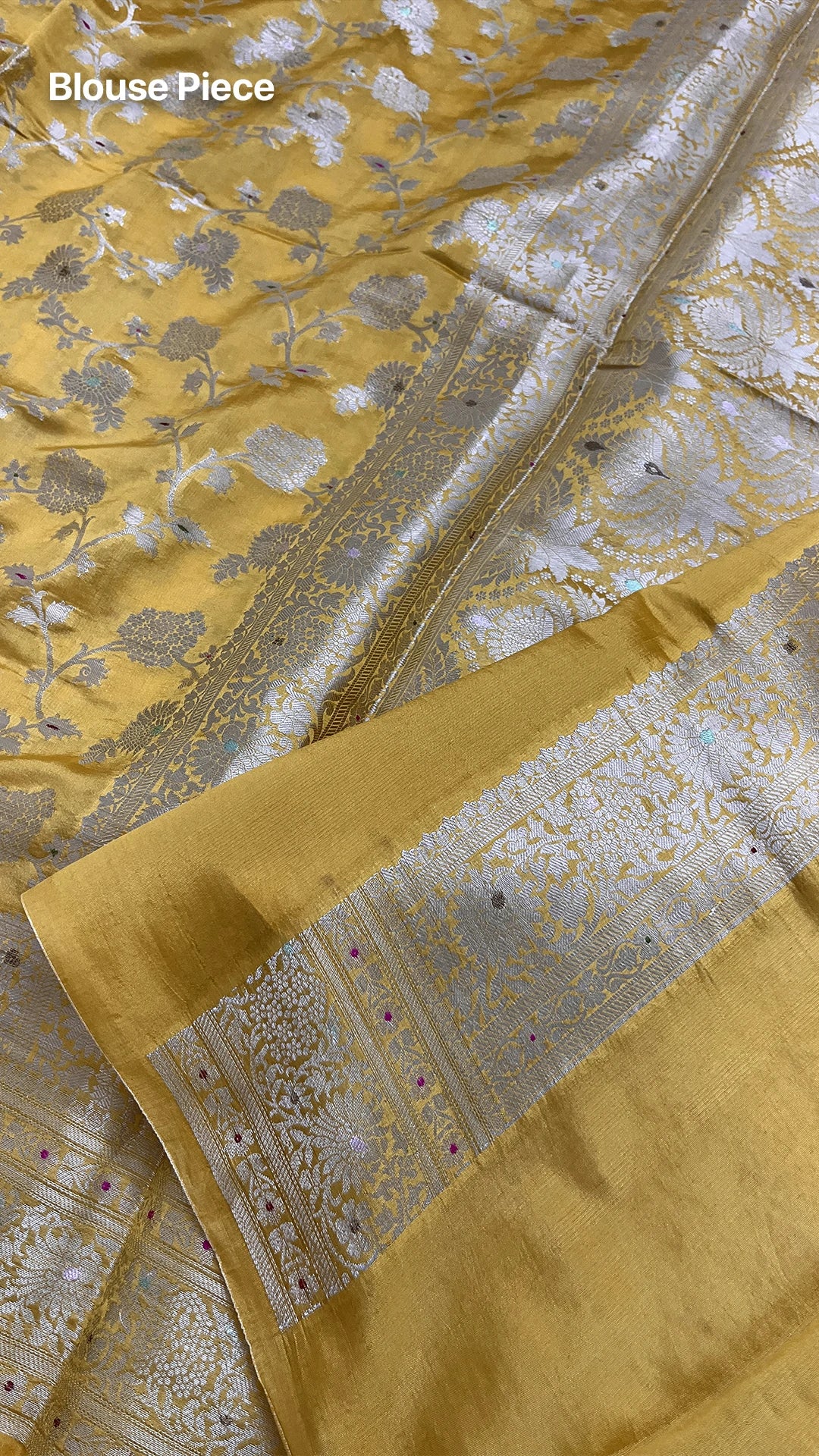 Gold Mustard Pure Dupion Silk Banarasi Saree with Allover Floral Jaal & Ivory Contrast Pallu