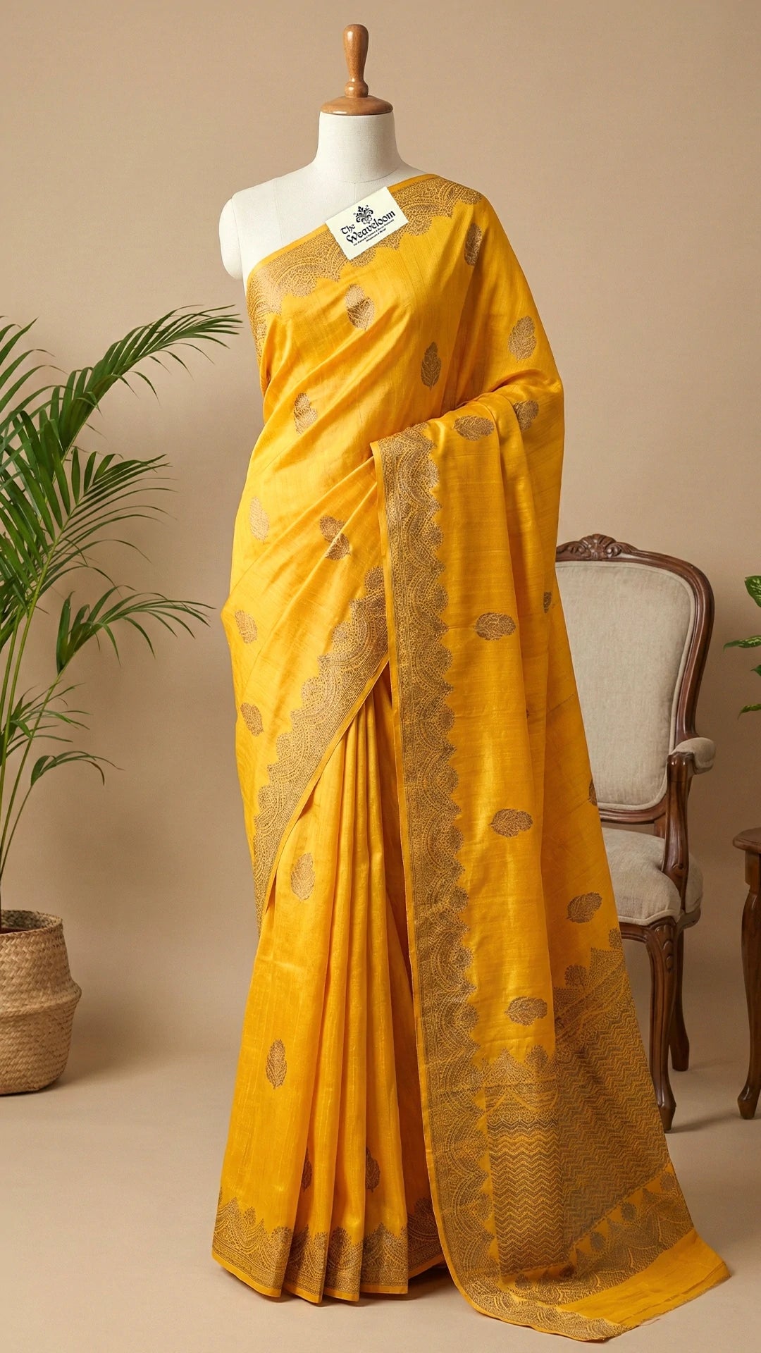 Gold Raw Silk Pure Banarasi Saree with Antique Zari Border and Traditional Buti Motifs by The Weaveloom