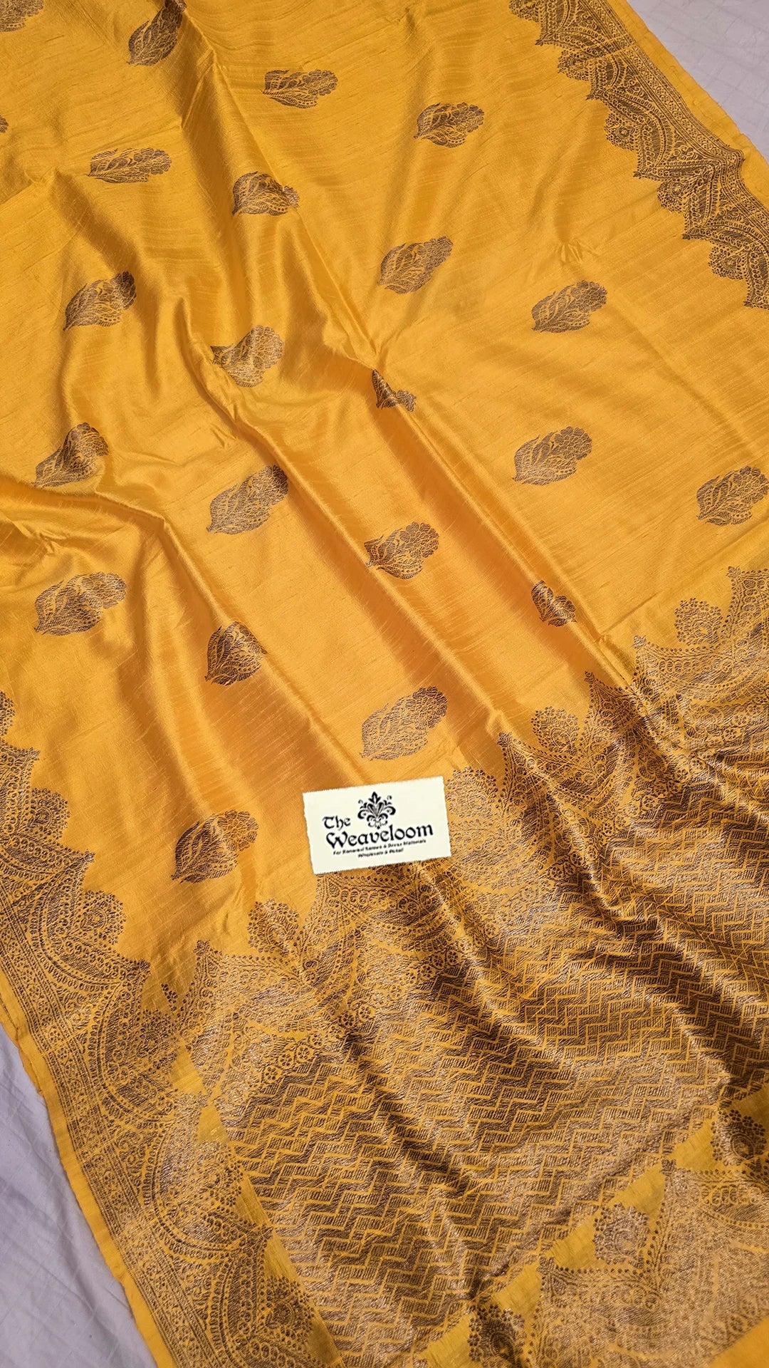 Gold Raw Silk Pure Banarasi Saree with Antique Zari Border and Traditional Buti Motifs by The Weaveloom