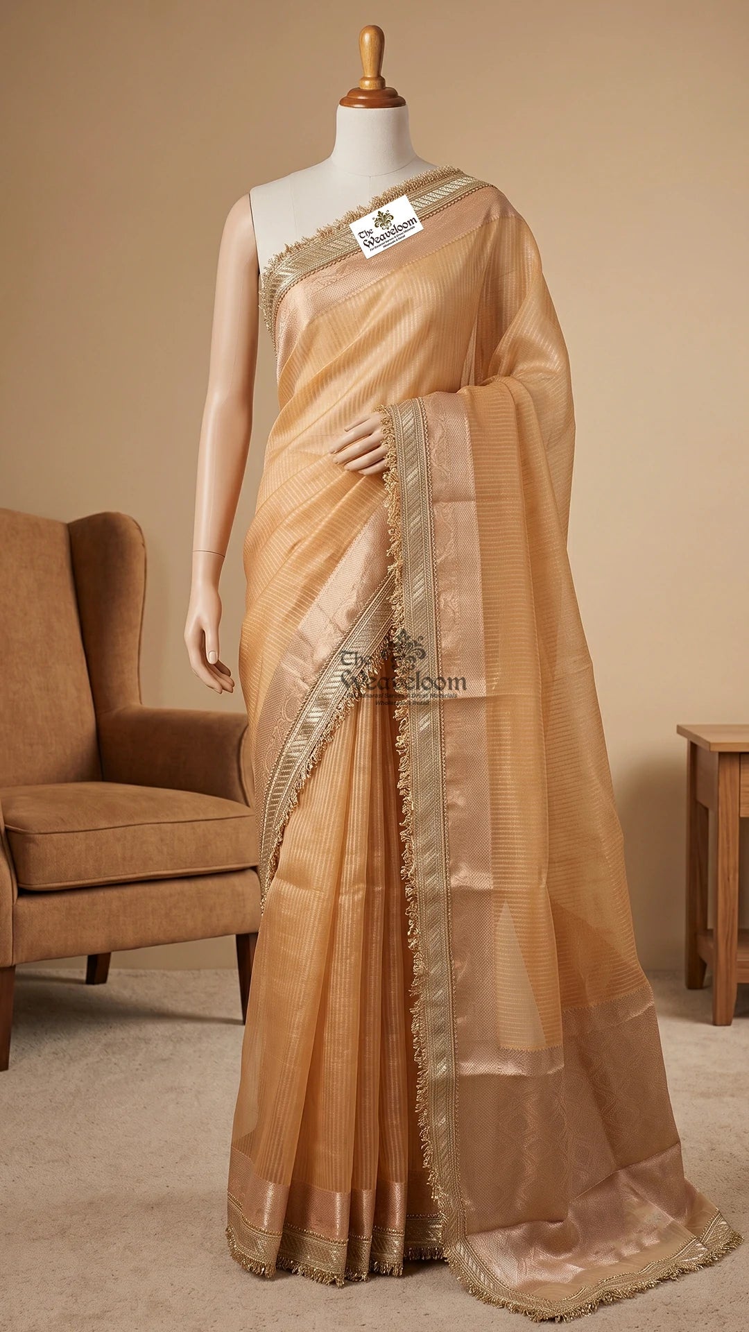 Gold Tissue Silk Pure Banarasi Saree with Sequin Lace Border by The Weaveloom