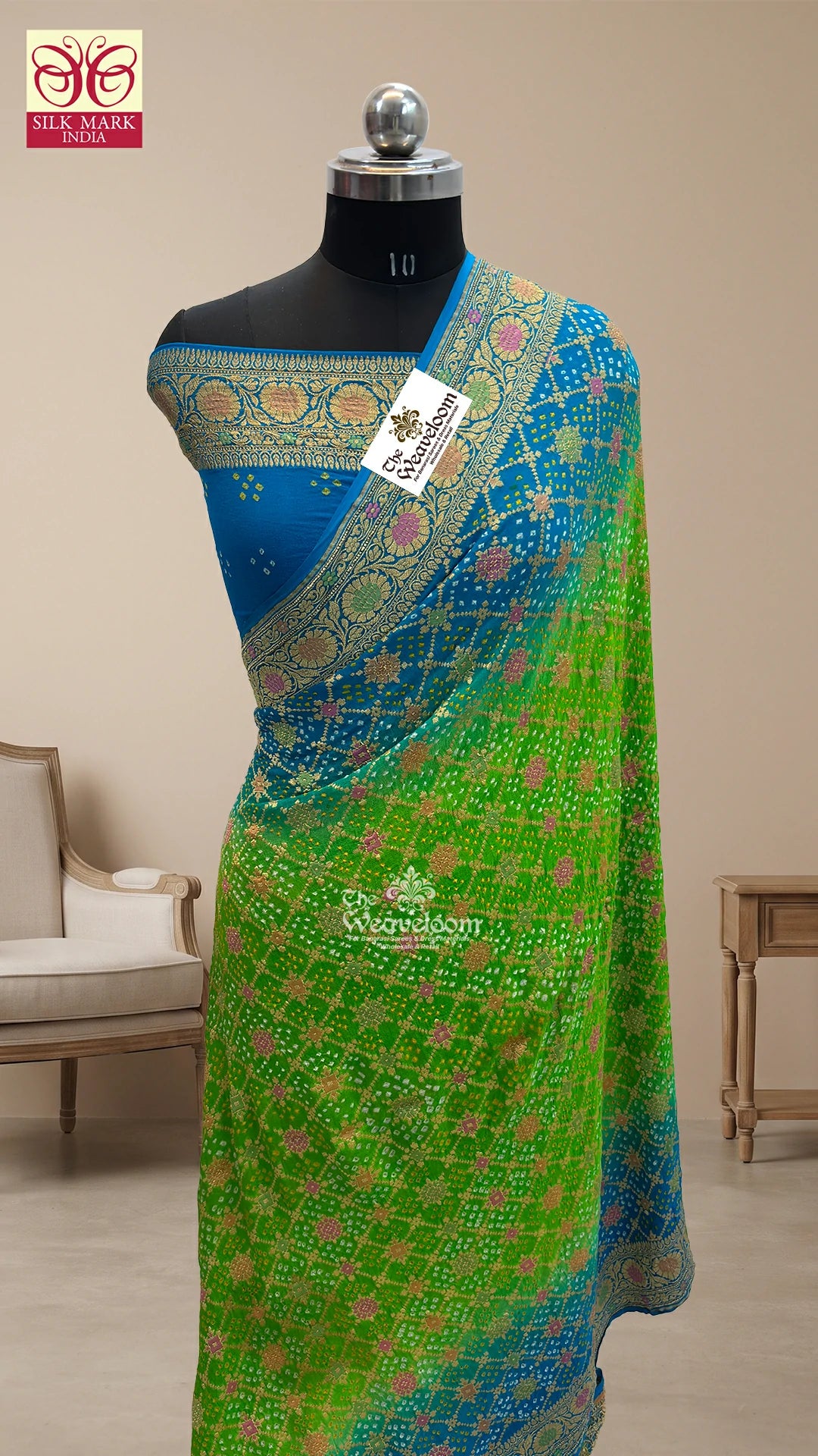 Green-Blue Bandhani Meenakari Khaddi Georgette Banarasi Saree by The Weaveloom