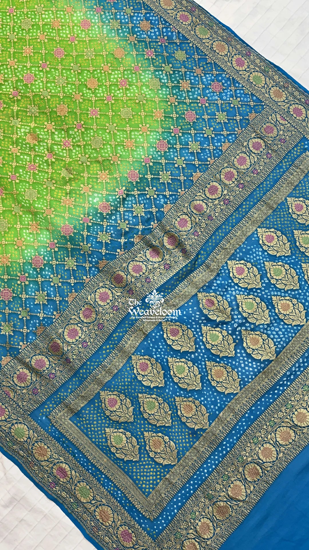 Green-Blue Bandhani Meenakari Khaddi Georgette Banarasi Saree by The Weaveloom