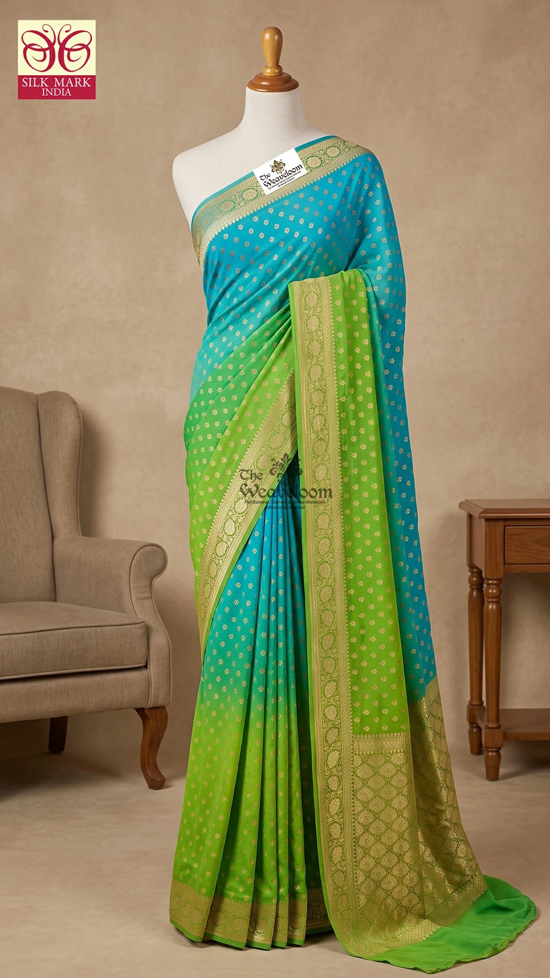 Green-Blue Shaded Booti Pure Crepe Georgette Banarasi Saree by The Weaveloom