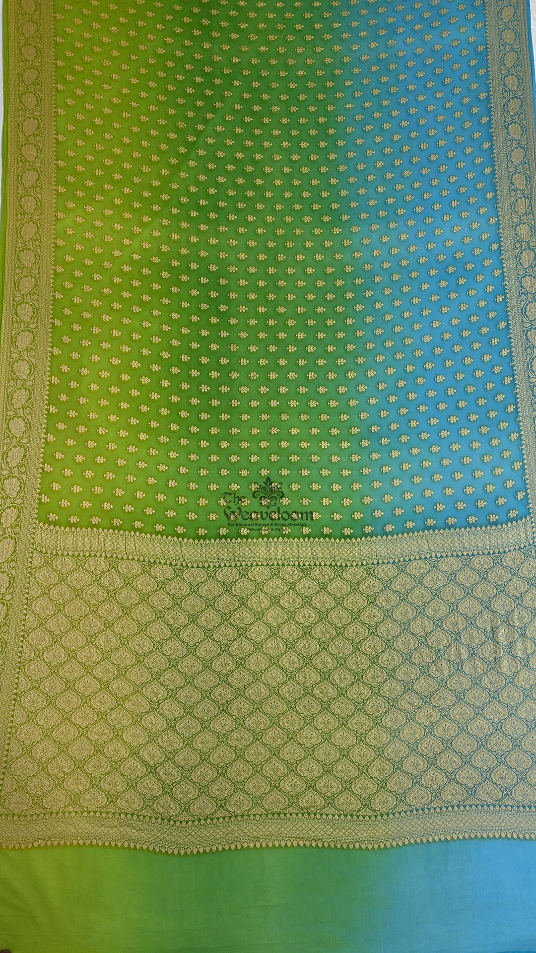 Green-Blue Shaded Booti Pure Crepe Georgette Banarasi Saree by The Weaveloom