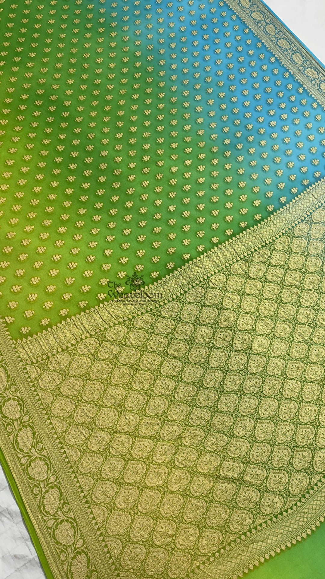 Green-Blue Shaded Booti Pure Crepe Georgette Banarasi Saree by The Weaveloom