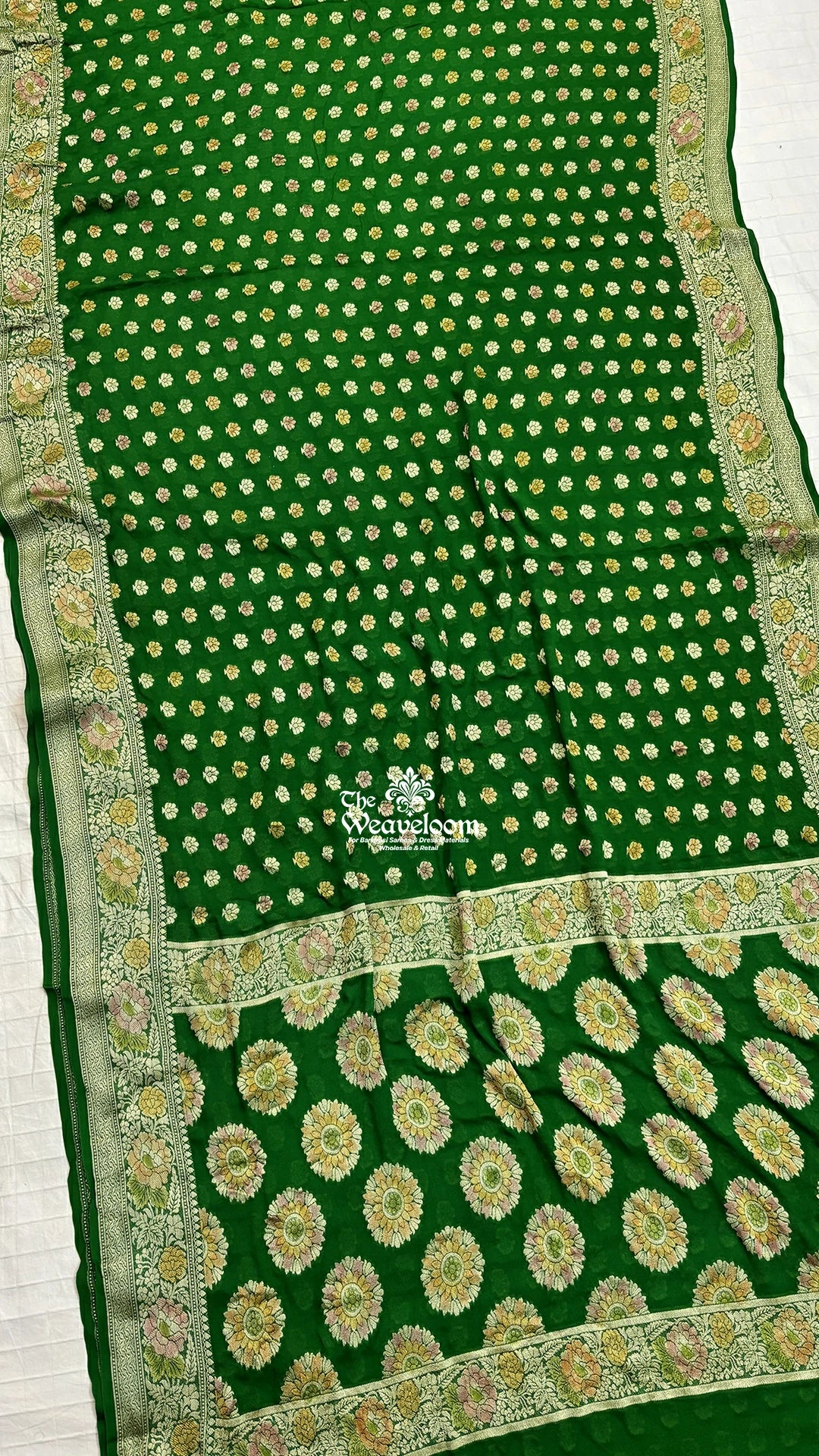 Green Booti Floral Crepe Georgette Pure Banarasi Saree by The Weaveloom
