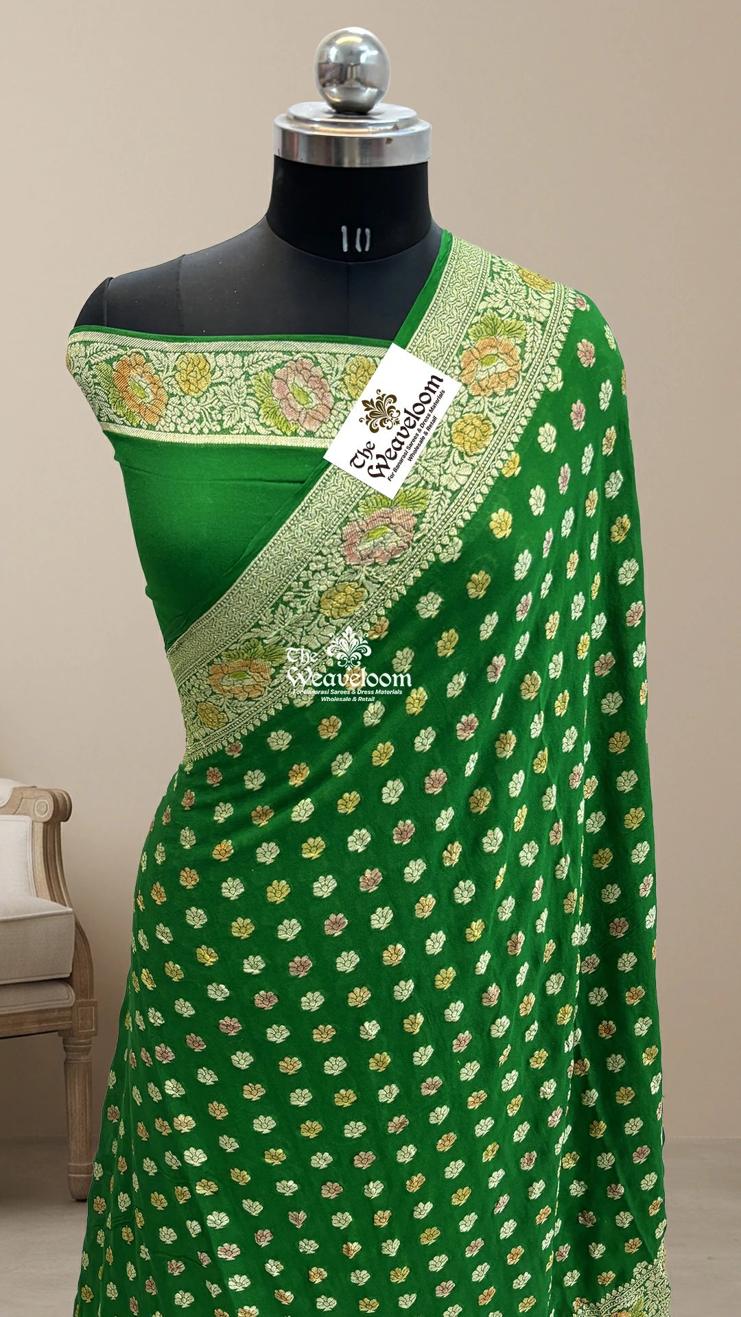 Green Booti Floral Crepe Georgette Pure Banarasi Saree by The Weaveloom