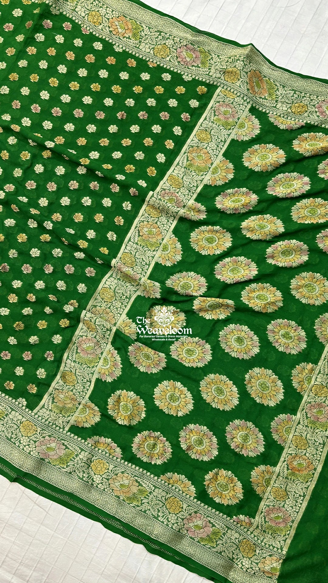 Green Booti Floral Crepe Georgette Pure Banarasi Saree by The Weaveloom