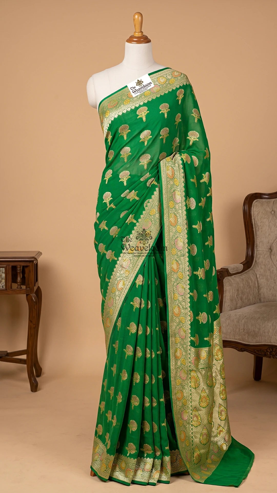 Green Booti Motif Crepe Georgette Pure Banarasi Saree by The Weaveloom