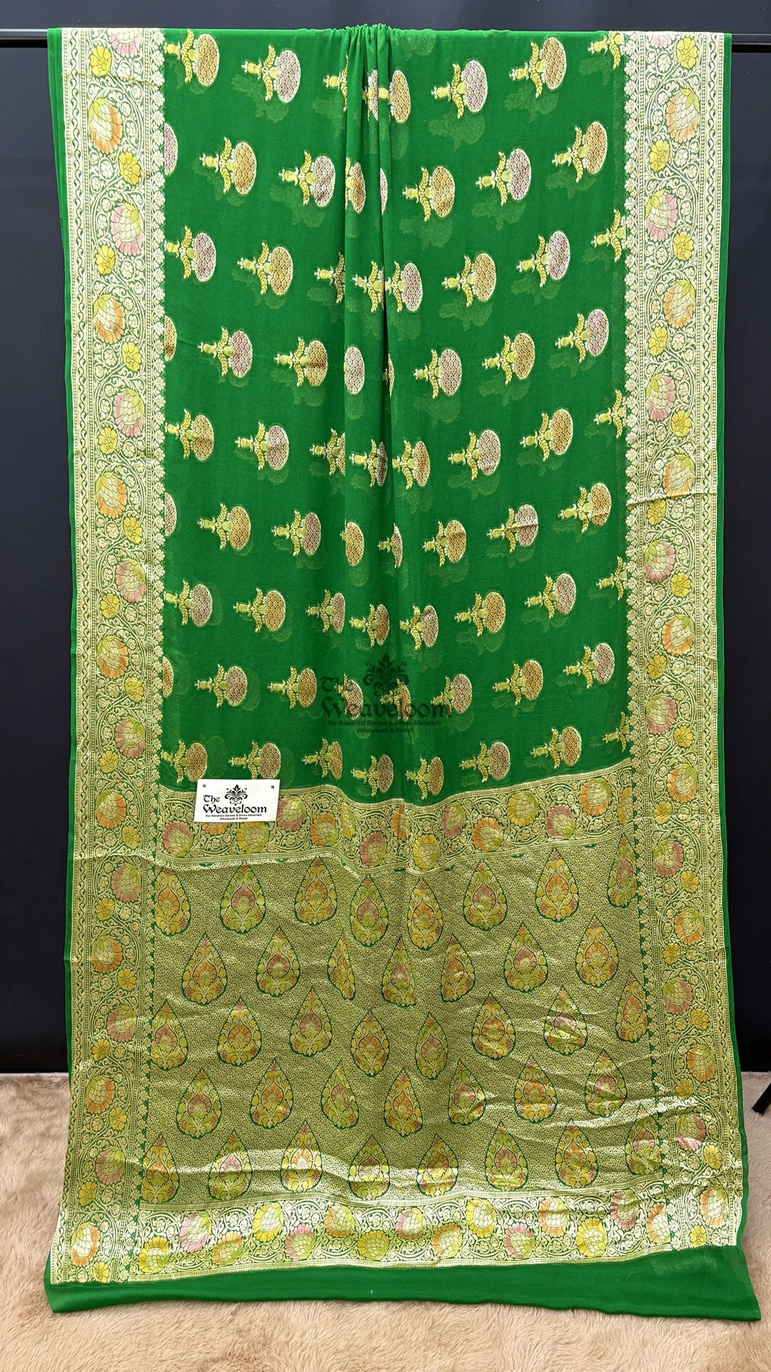 Green Booti Motif Crepe Georgette Pure Banarasi Saree by The Weaveloom