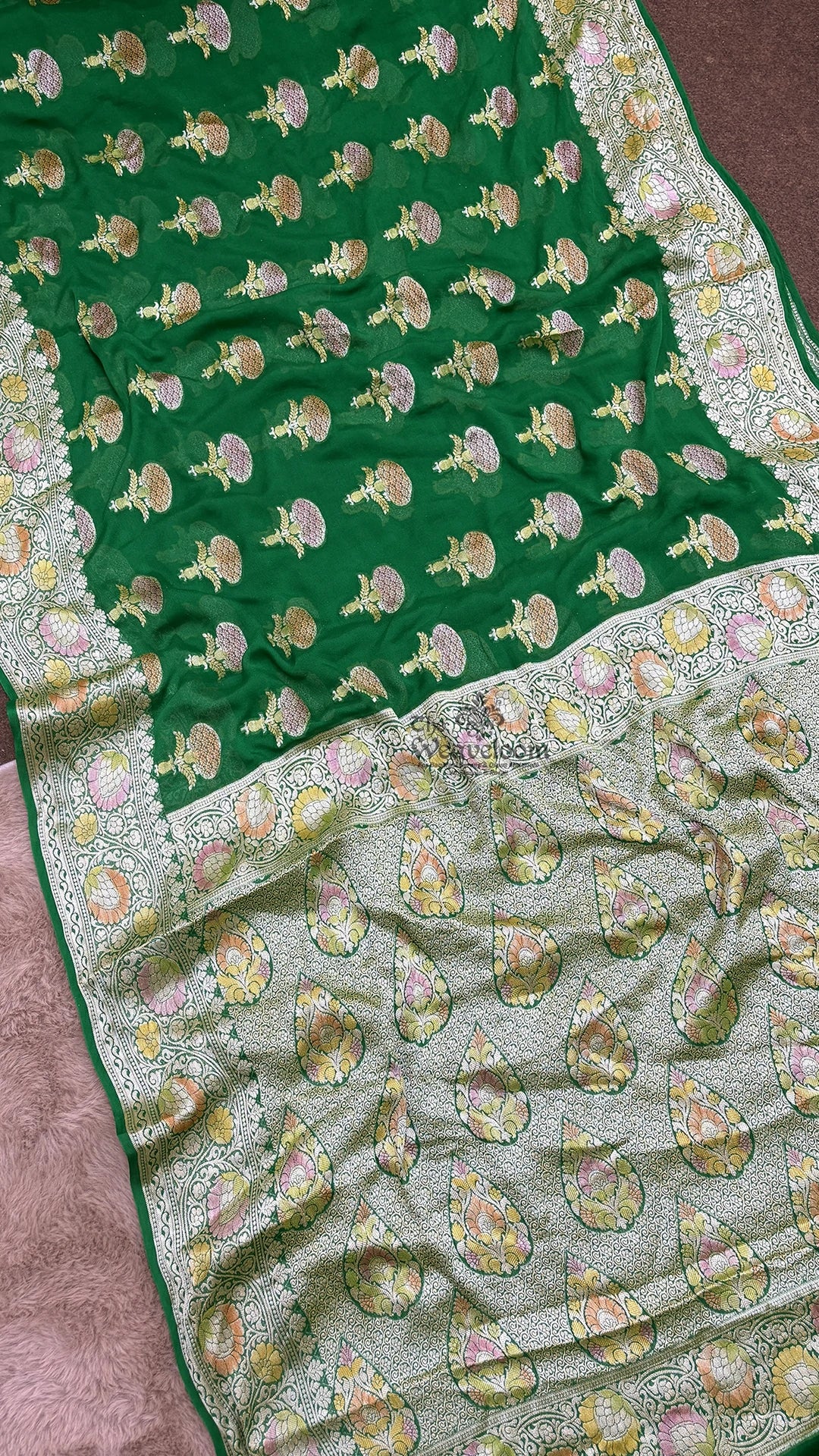 Green Booti Motif Crepe Georgette Pure Banarasi Saree by The Weaveloom