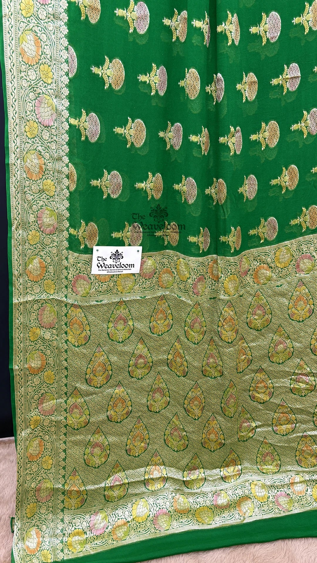 Green Booti Motif Crepe Georgette Pure Banarasi Saree by The Weaveloom