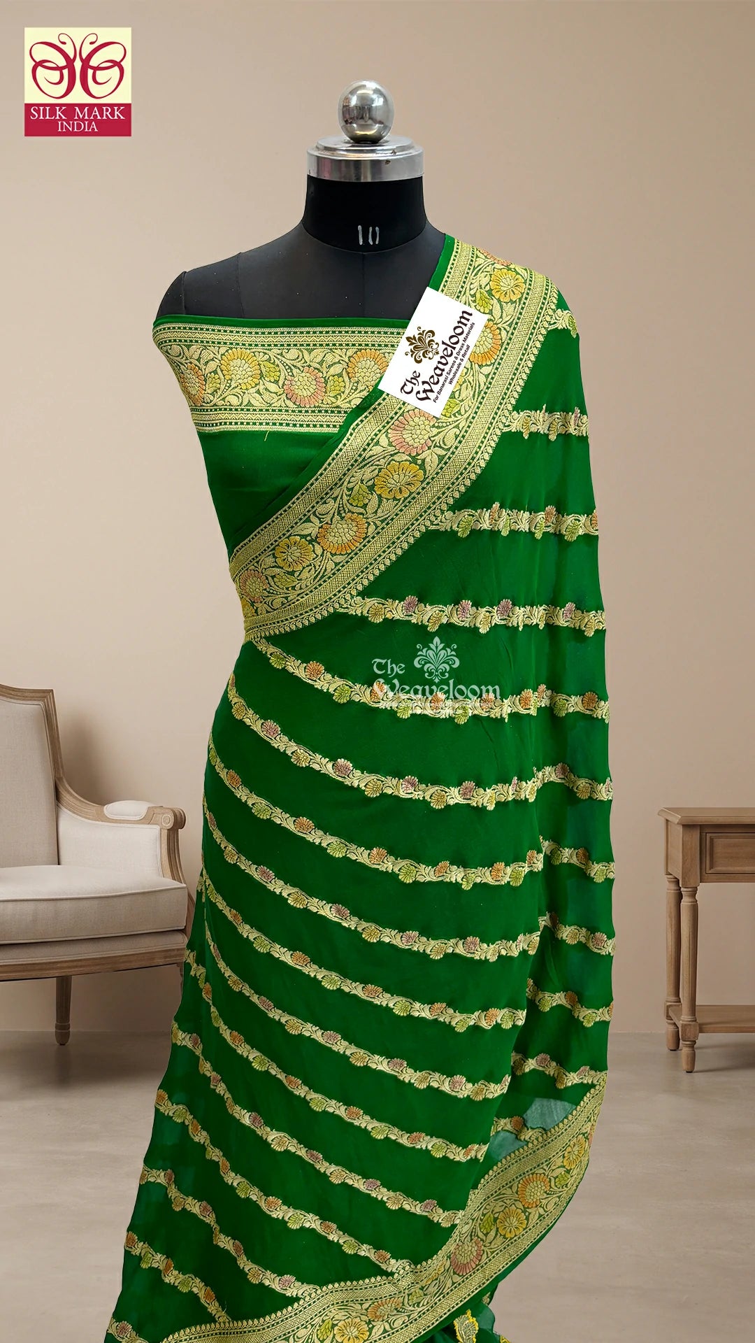 Green Diagonal Floral Stripe Handbrush Work Pure Crepe Georgette Pure Banarasi Saree by The Weaveloom