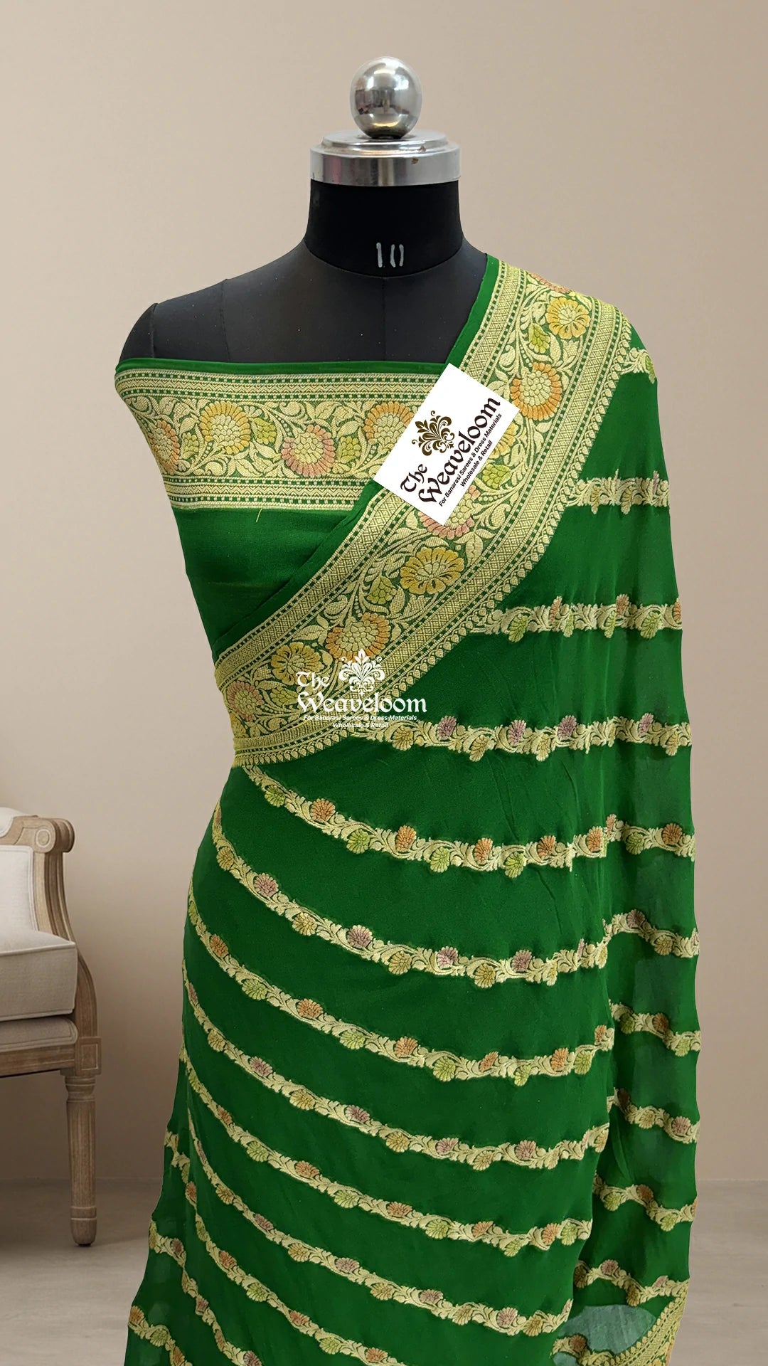 Green Diagonal Floral Stripe Handbrush Work Pure Crepe Georgette Pure Banarasi Saree by The Weaveloom